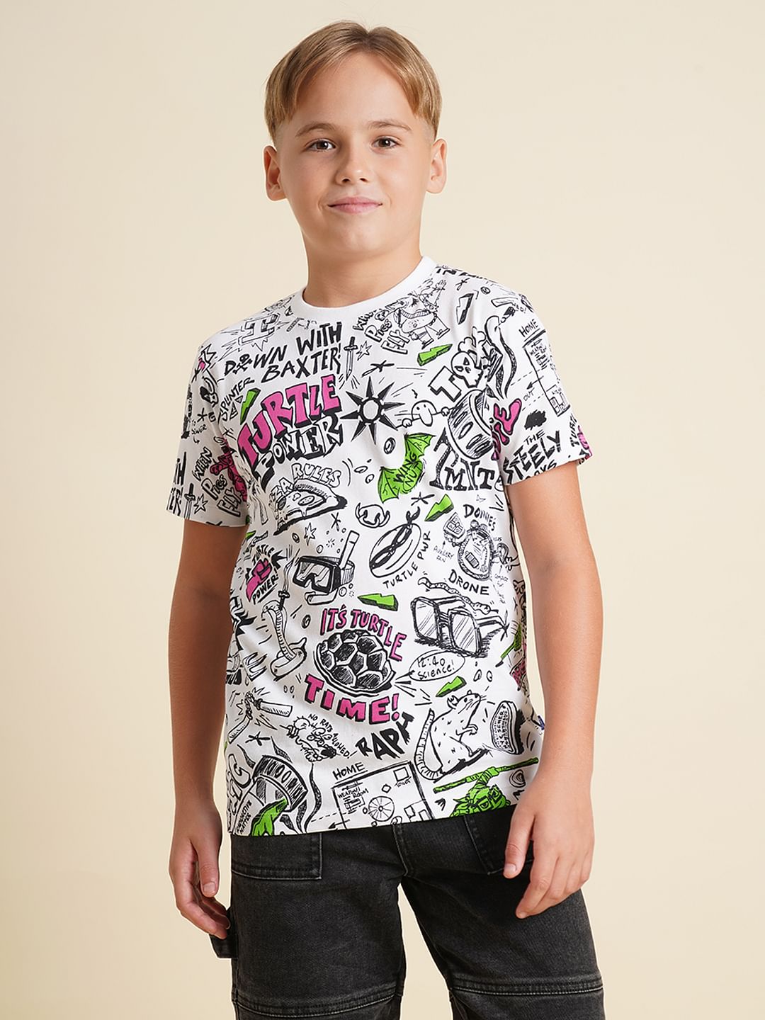 Boys White Ninja Turtles Doodle Print T-shirt