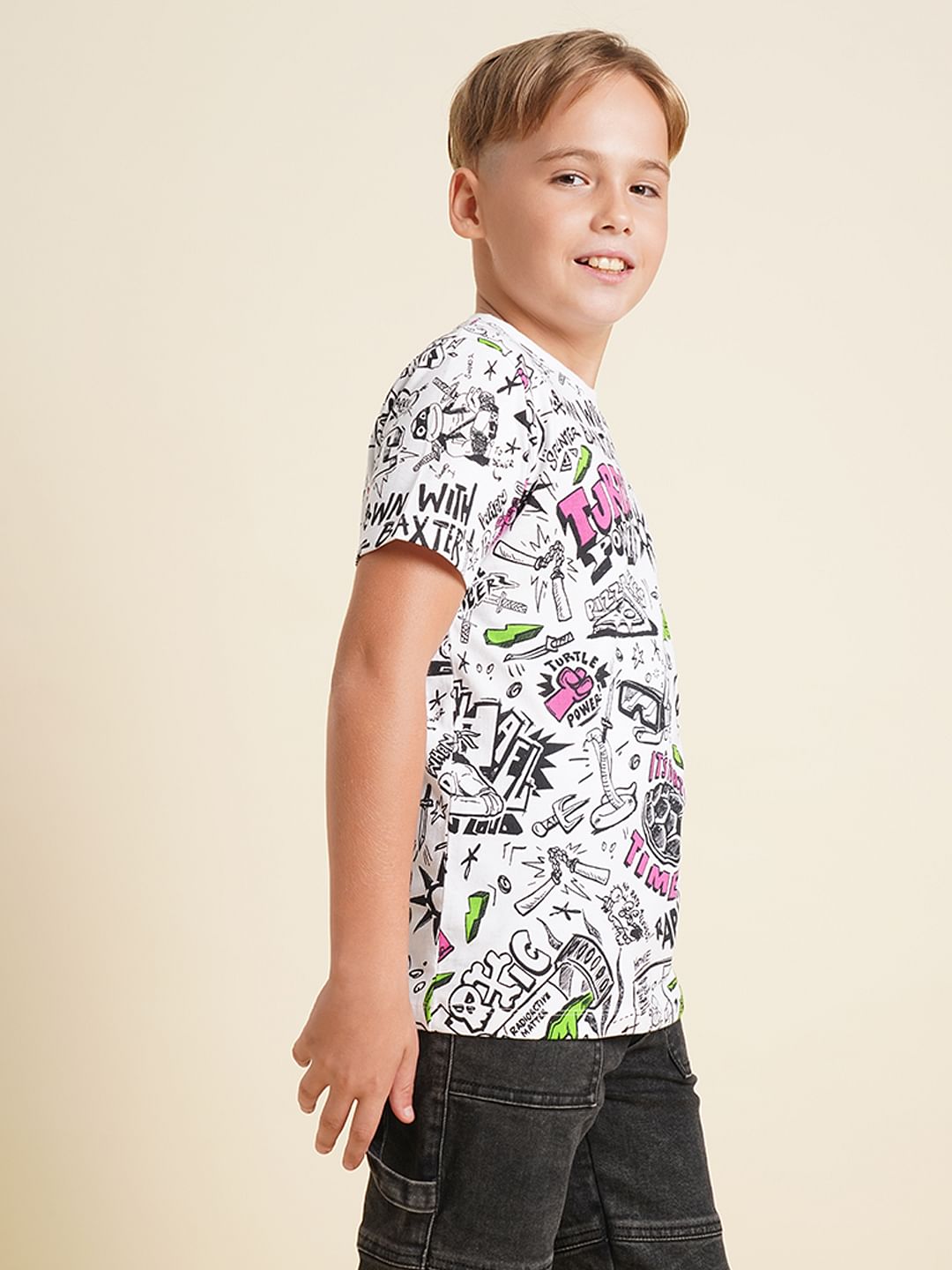 Boys White Ninja Turtles Doodle Print T-shirt