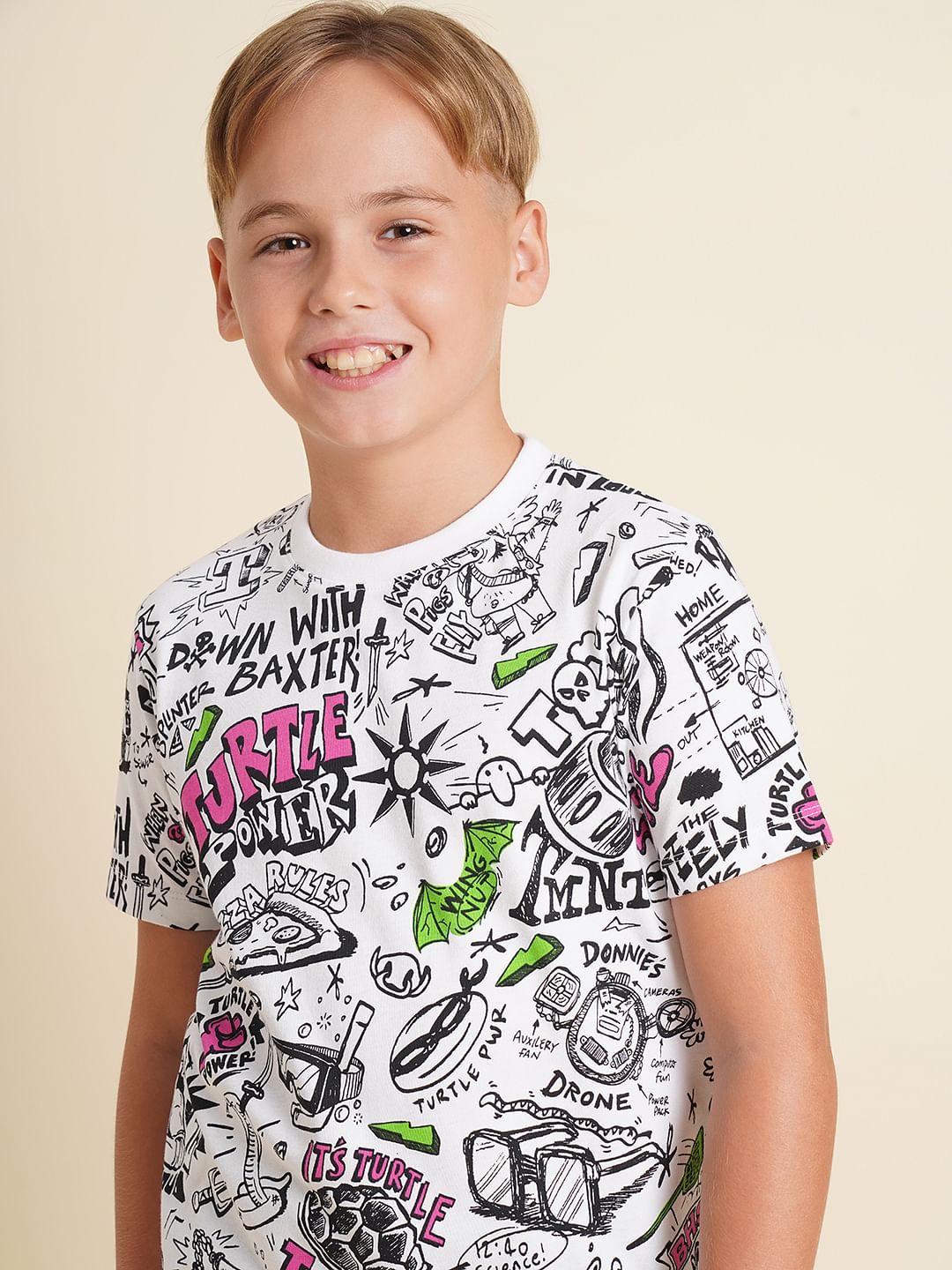 Boys White Ninja Turtles Doodle Print T-shirt