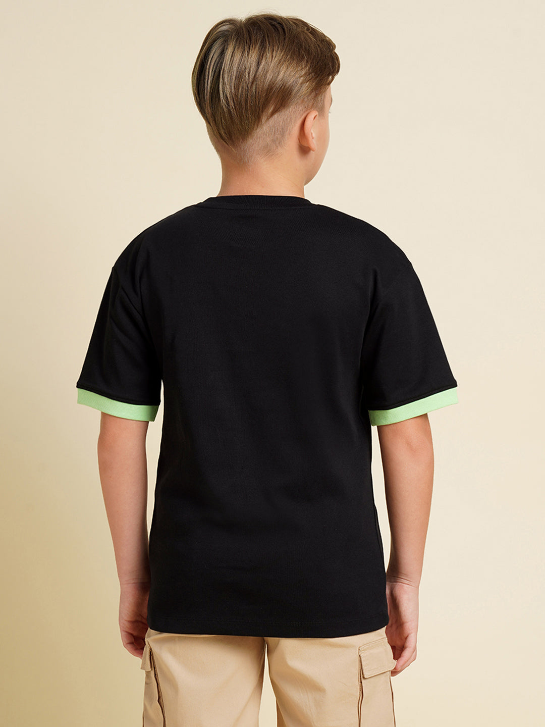 Boys Cotton Graphic Print T-Shirt In Jet Black With Contrast Cuffs