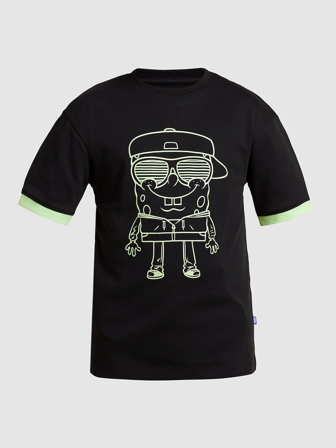 Boys Cotton Graphic Print T-Shirt In Jet Black With Contrast Cuffs