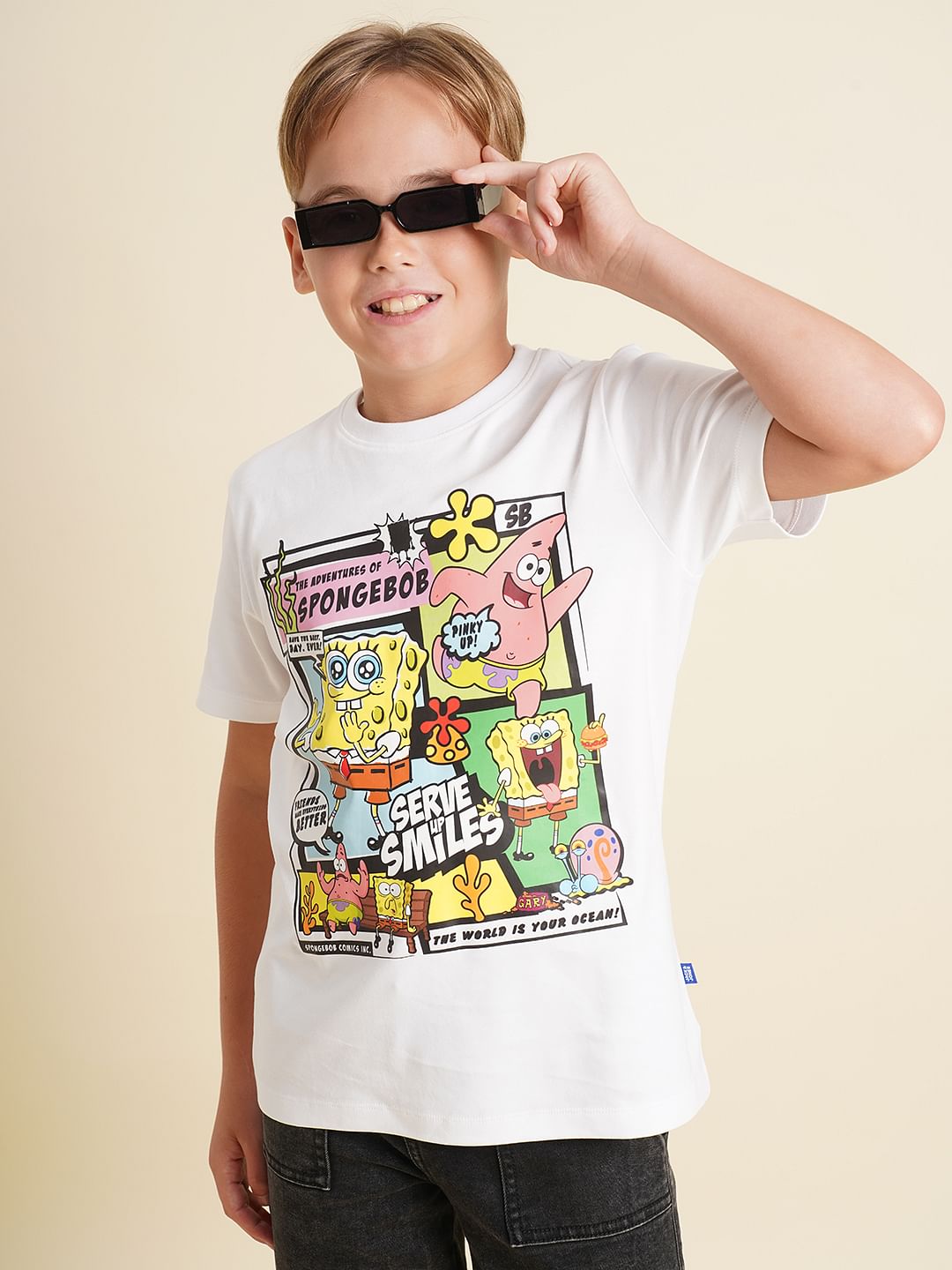 Boys White SpongeBob Print T-shirt
