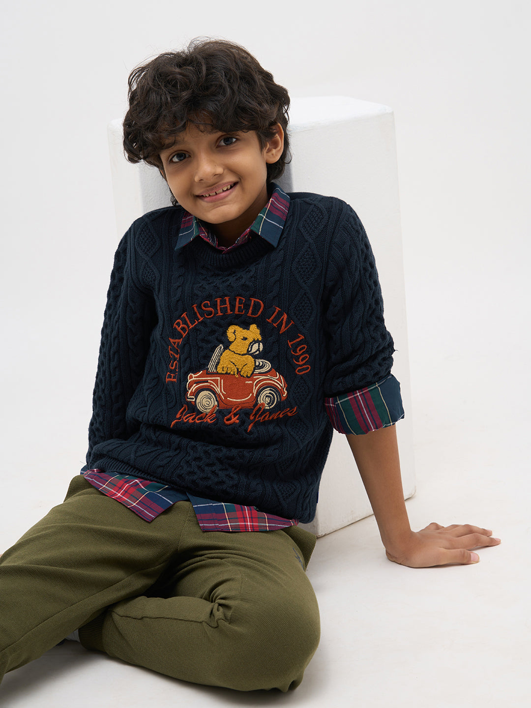 Boys Navy Blue Cotton Cable Knit Embroidered Sweater