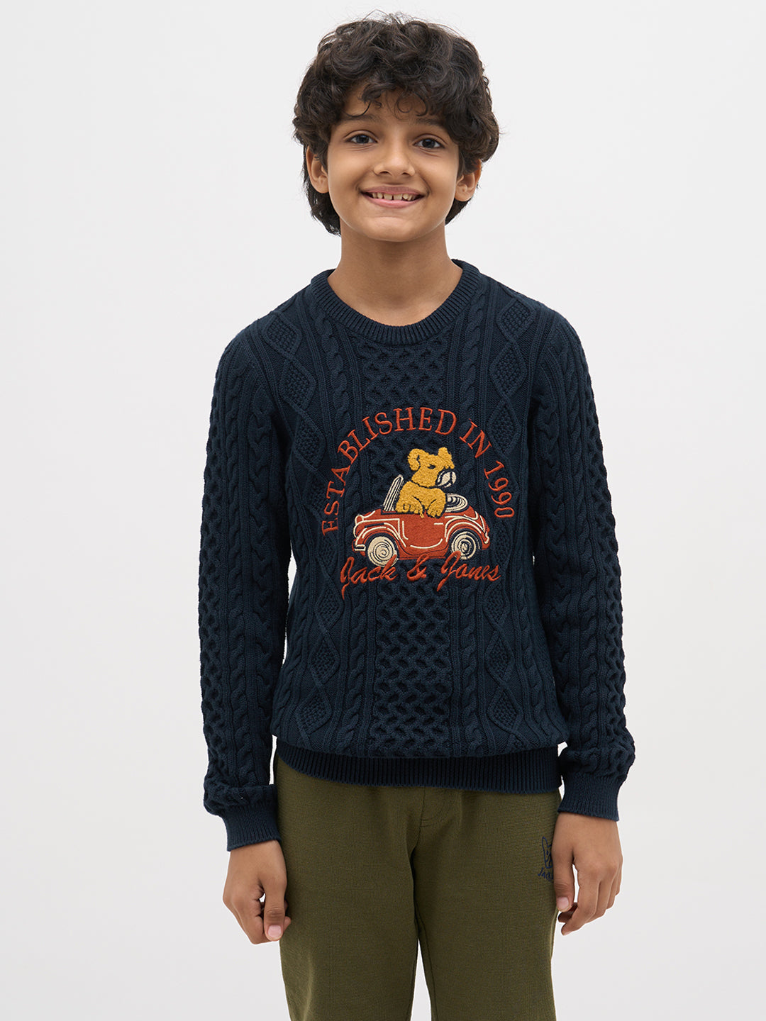 Boys Navy Blue Cotton Cable Knit Embroidered Sweater
