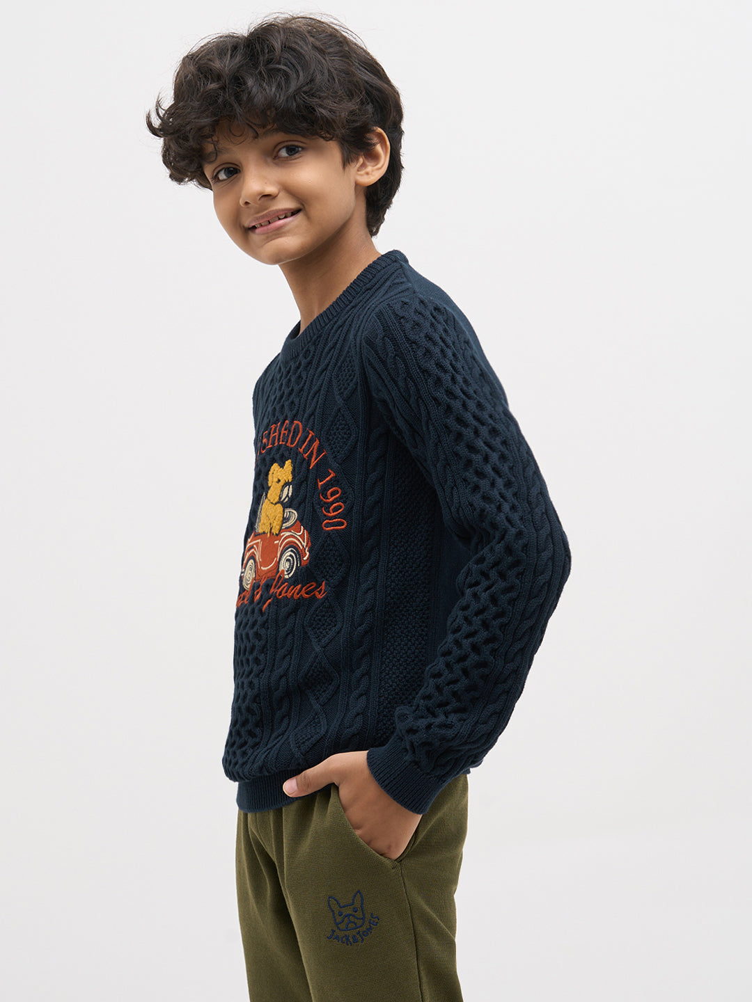 Boys Navy Blue Cotton Cable Knit Embroidered Sweater
