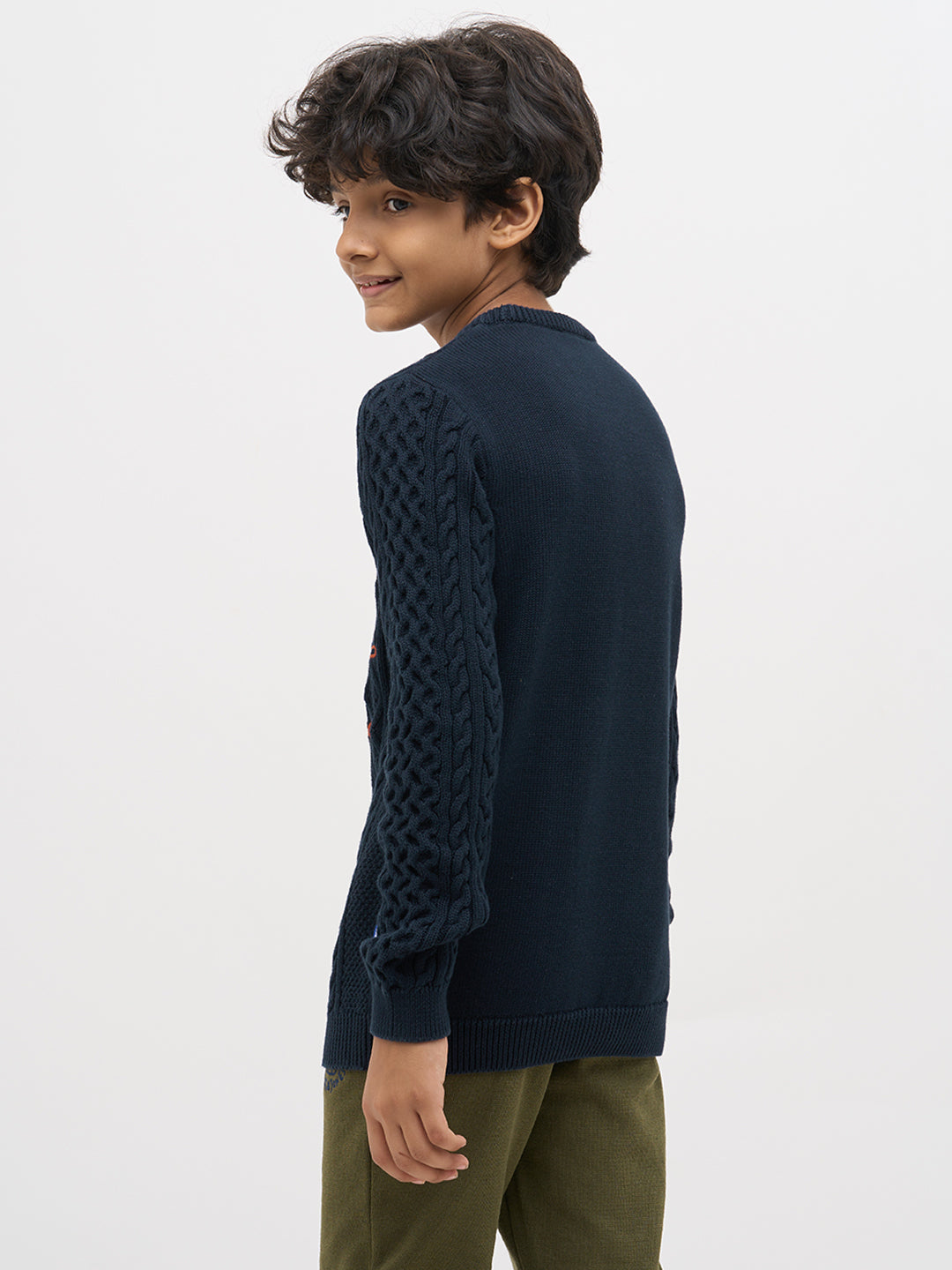 Boys Navy Blue Cotton Cable Knit Embroidered Sweater
