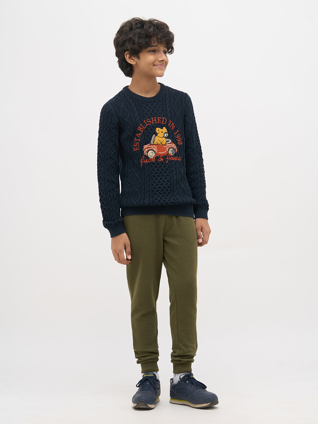 Boys Navy Blue Cotton Cable Knit Embroidered Sweater