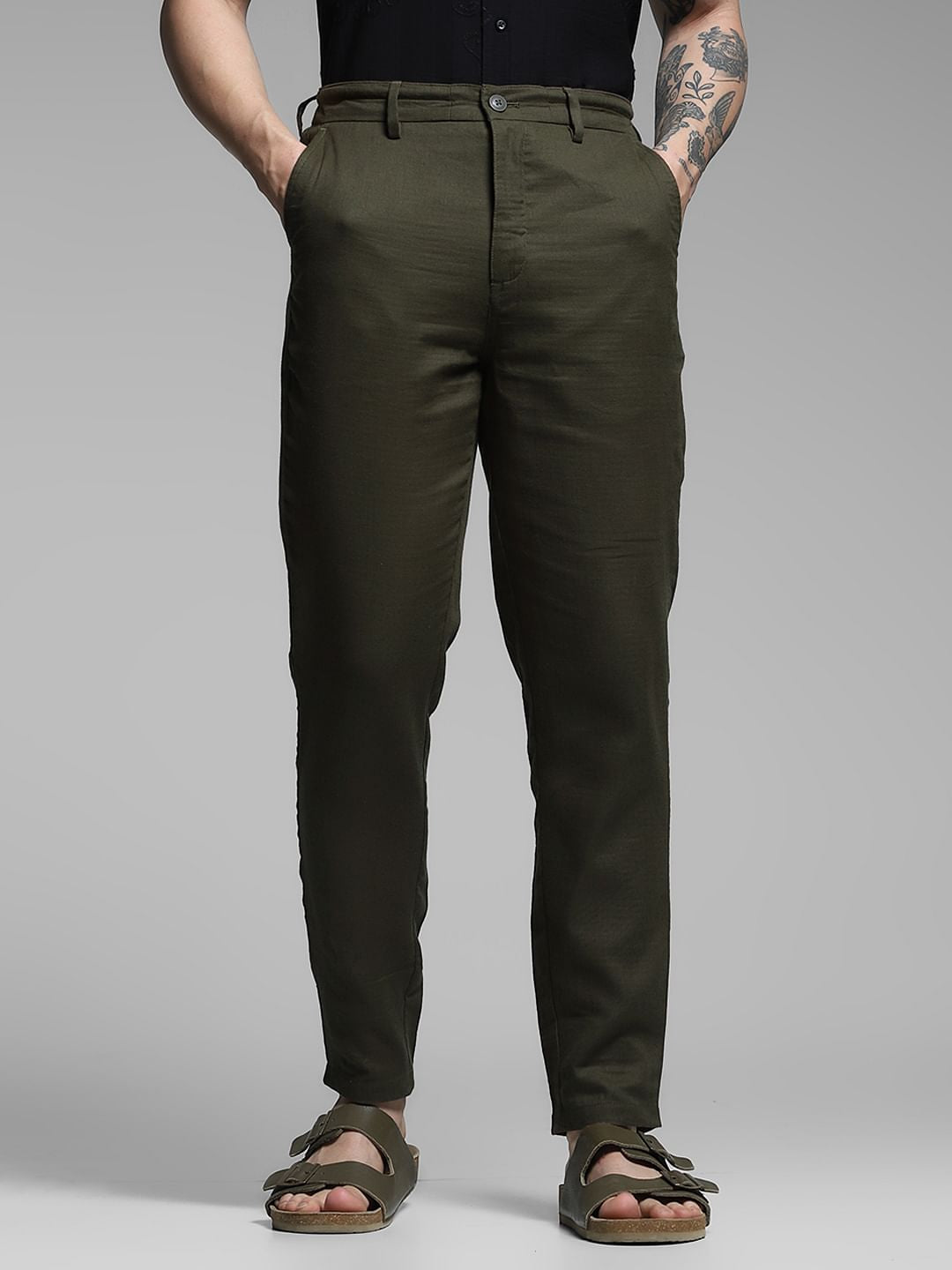 Olive Green Mid Rise Cotton Pants - S