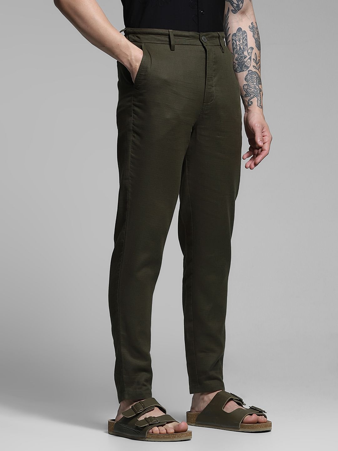 Olive Green Mid Rise Cotton Pants