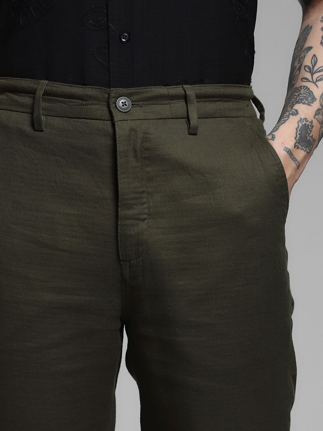 Olive Green Mid Rise Cotton Pants