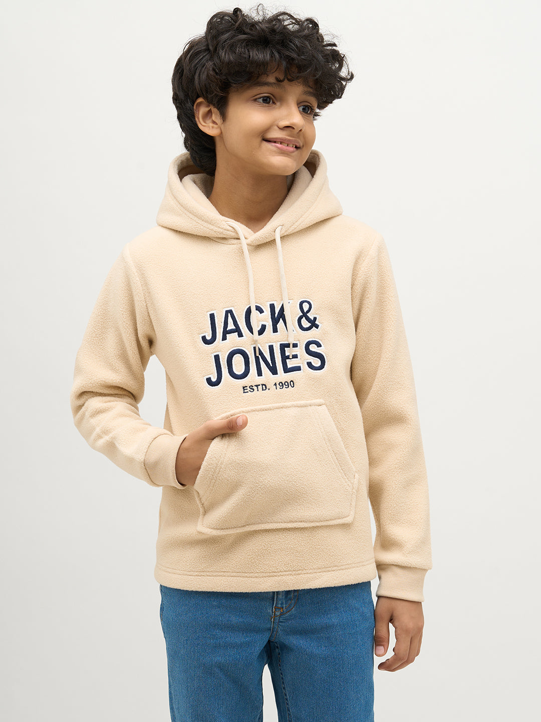 Boys Logo Print Hooded Sweatshirt -Beige
