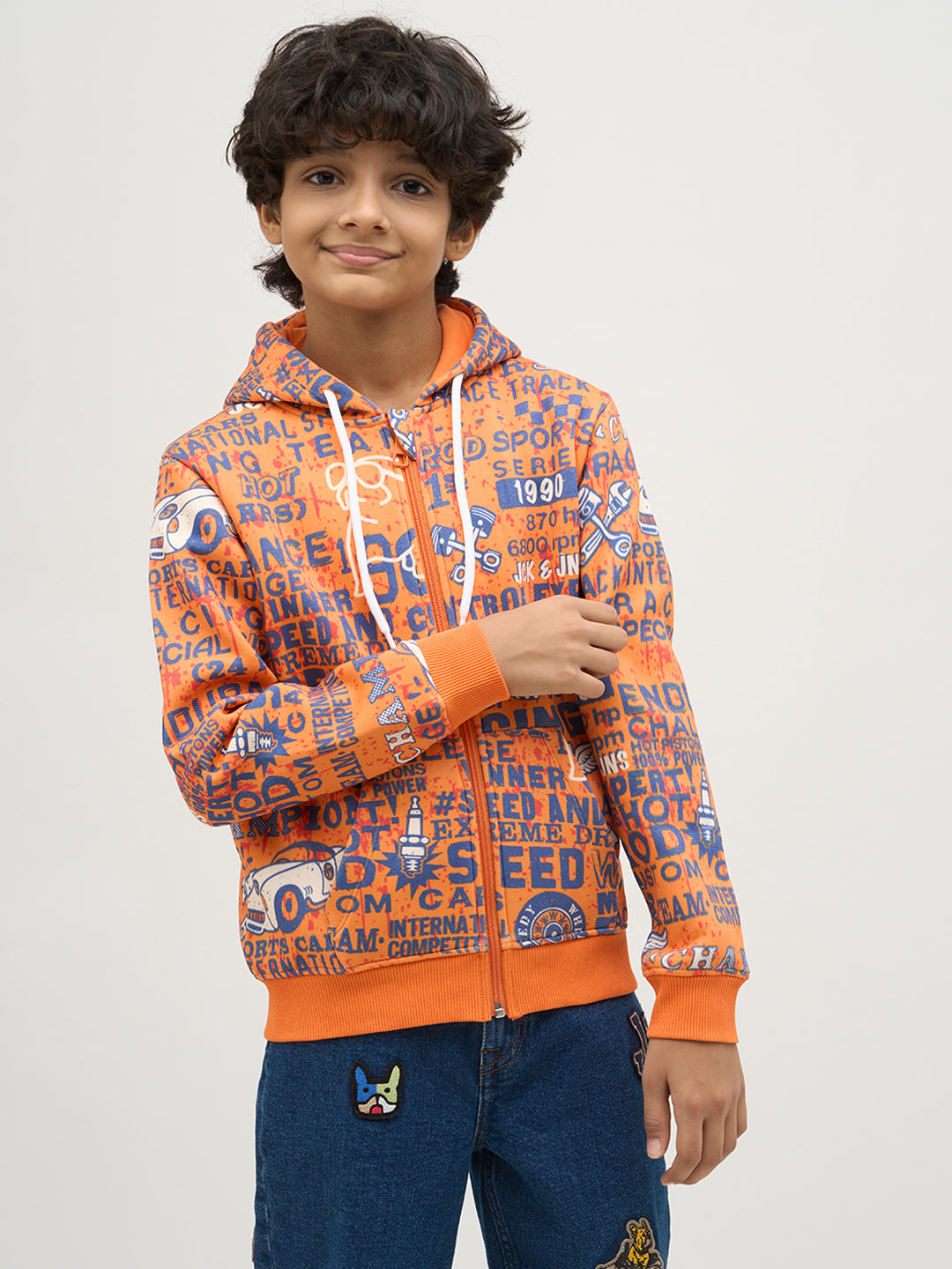 Boys Orange Printed Zip-Up Sweatshirt