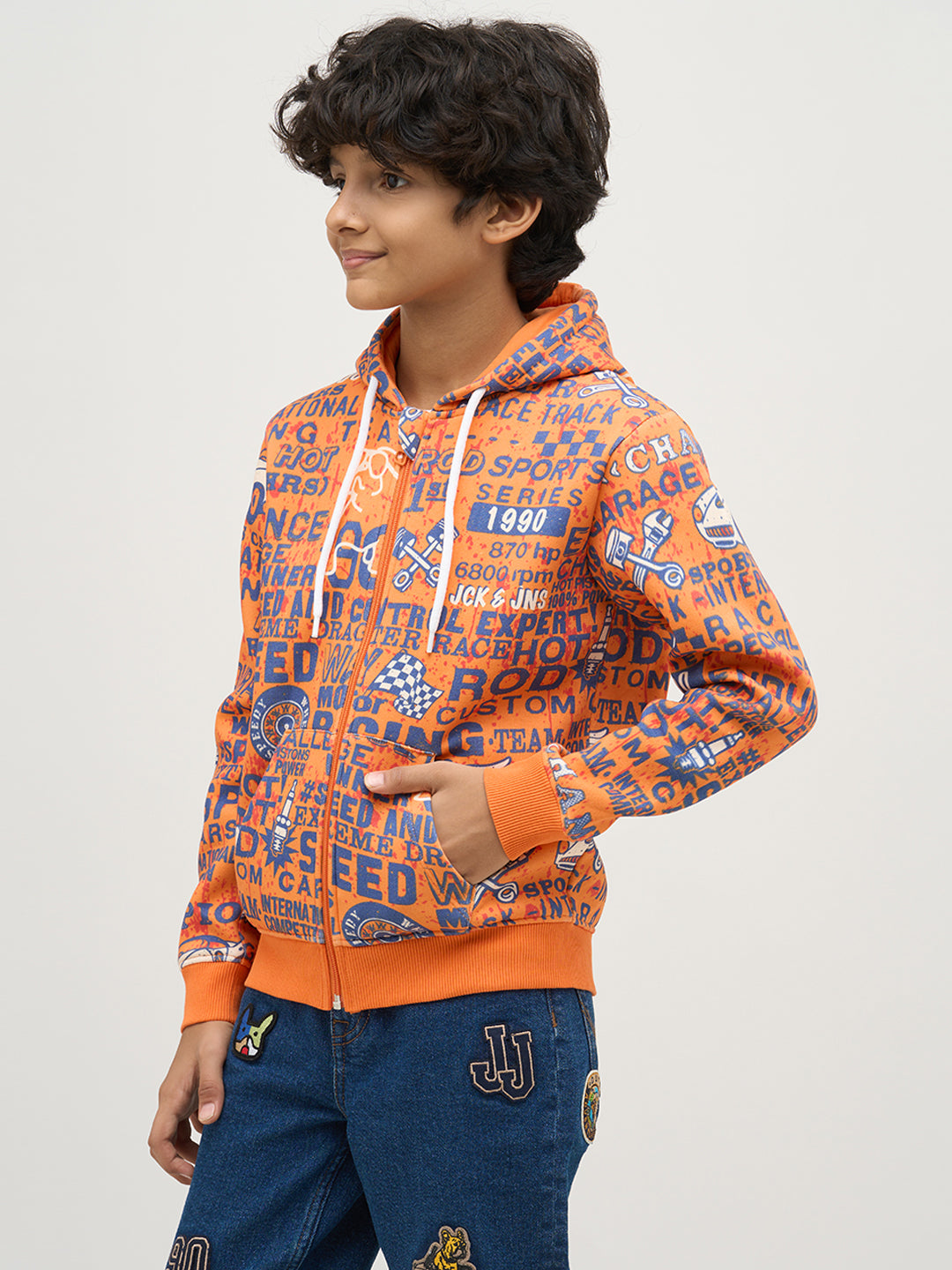 Boys Orange Printed Zip-Up Sweatshirt