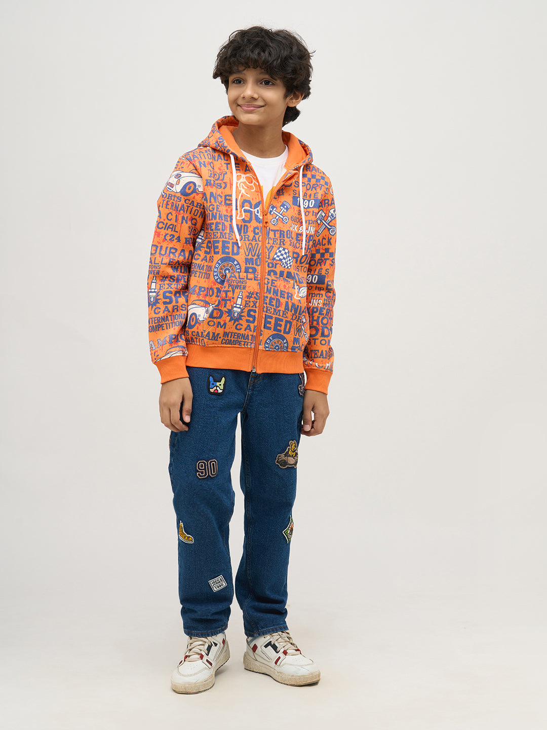 Boys Orange Printed Zip-Up Sweatshirt