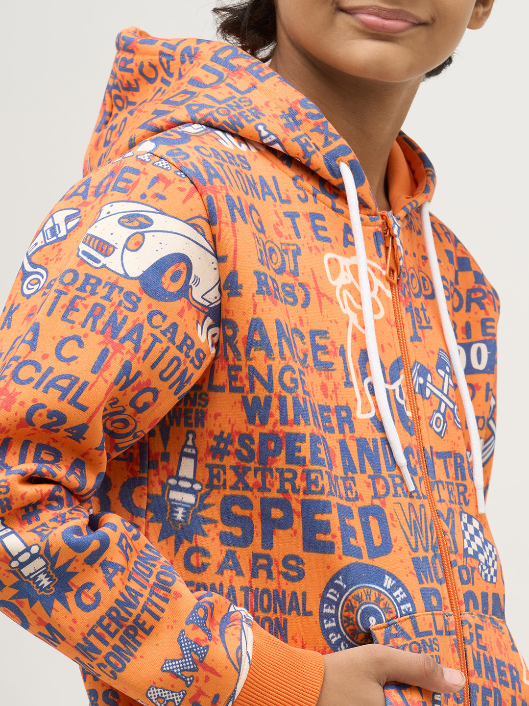 Boys Orange Printed Zip-Up Sweatshirt