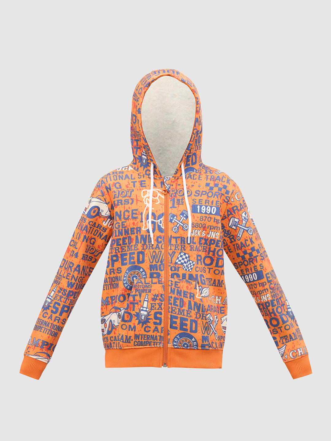 Boys Orange Printed Zip-Up Sweatshirt