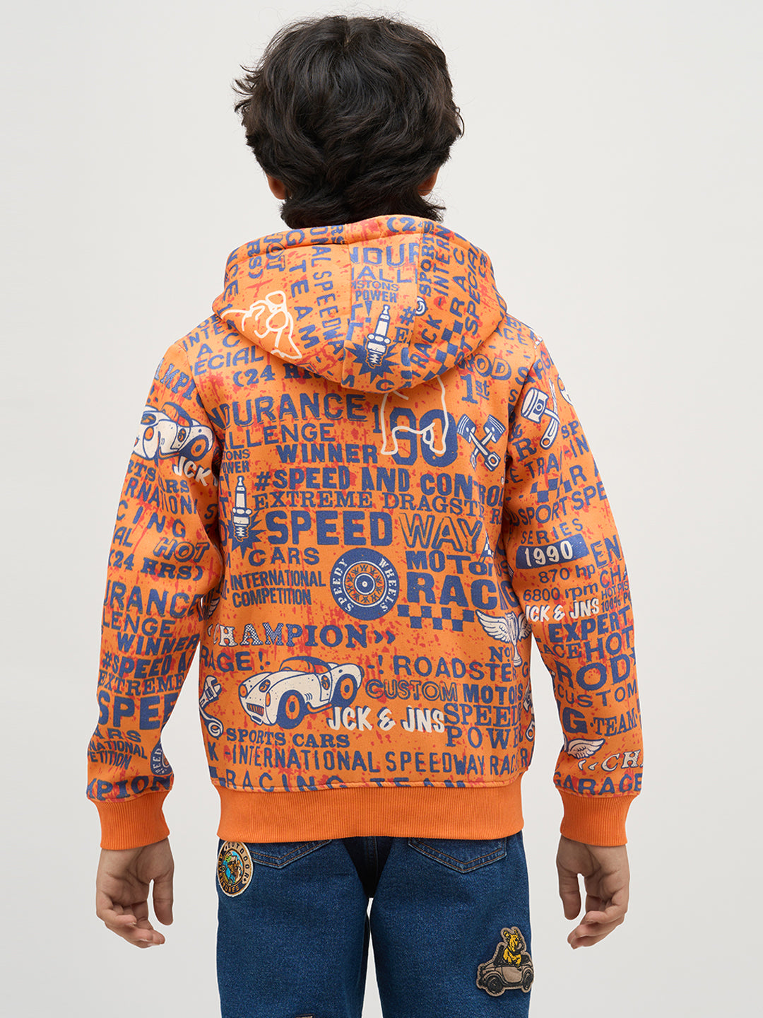 Boys Orange Printed Zip-Up Sweatshirt
