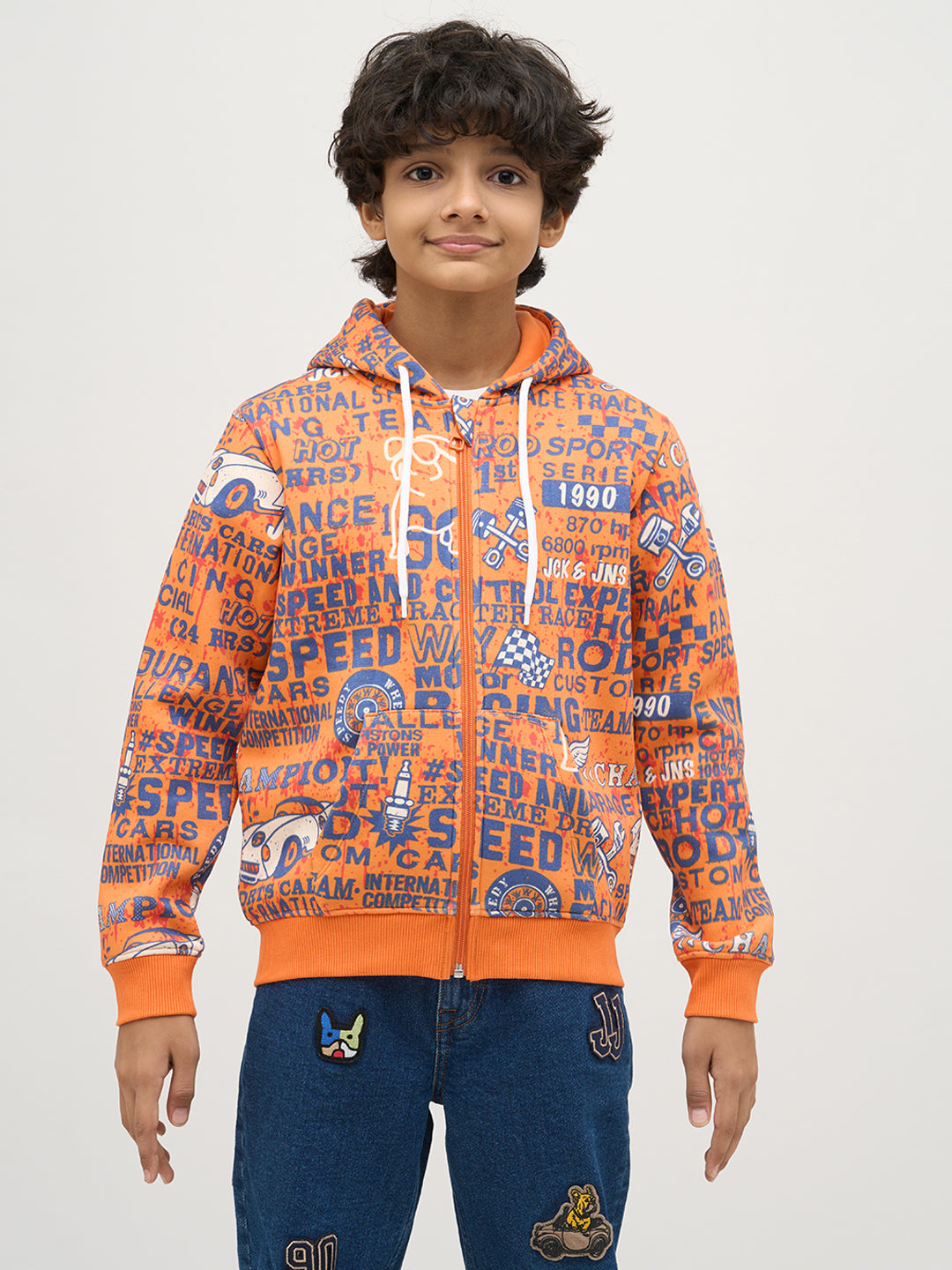 Boys Orange Printed Zip-Up Sweatshirt