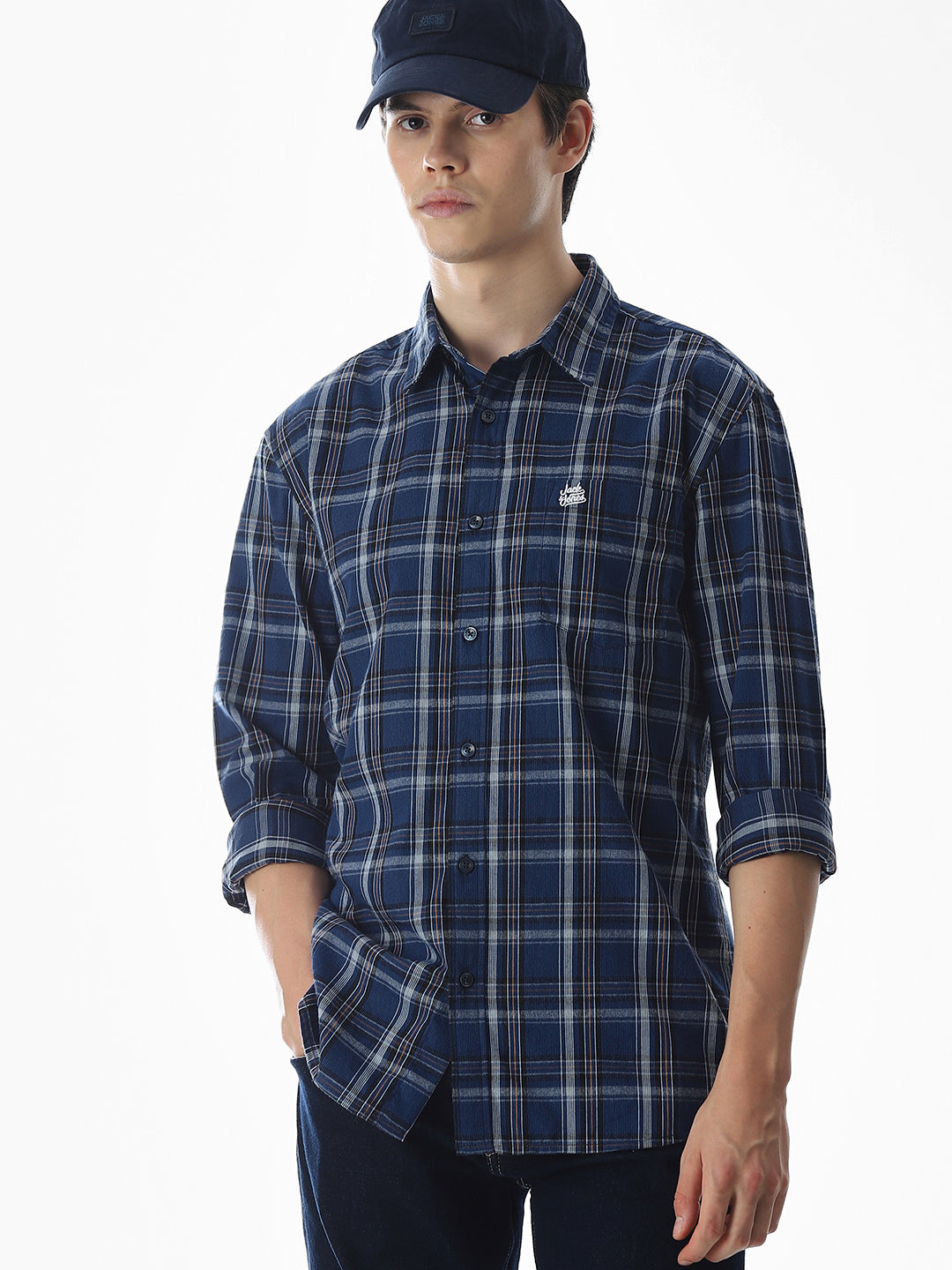 Dark Blue Check Cotton Shirt - XXL