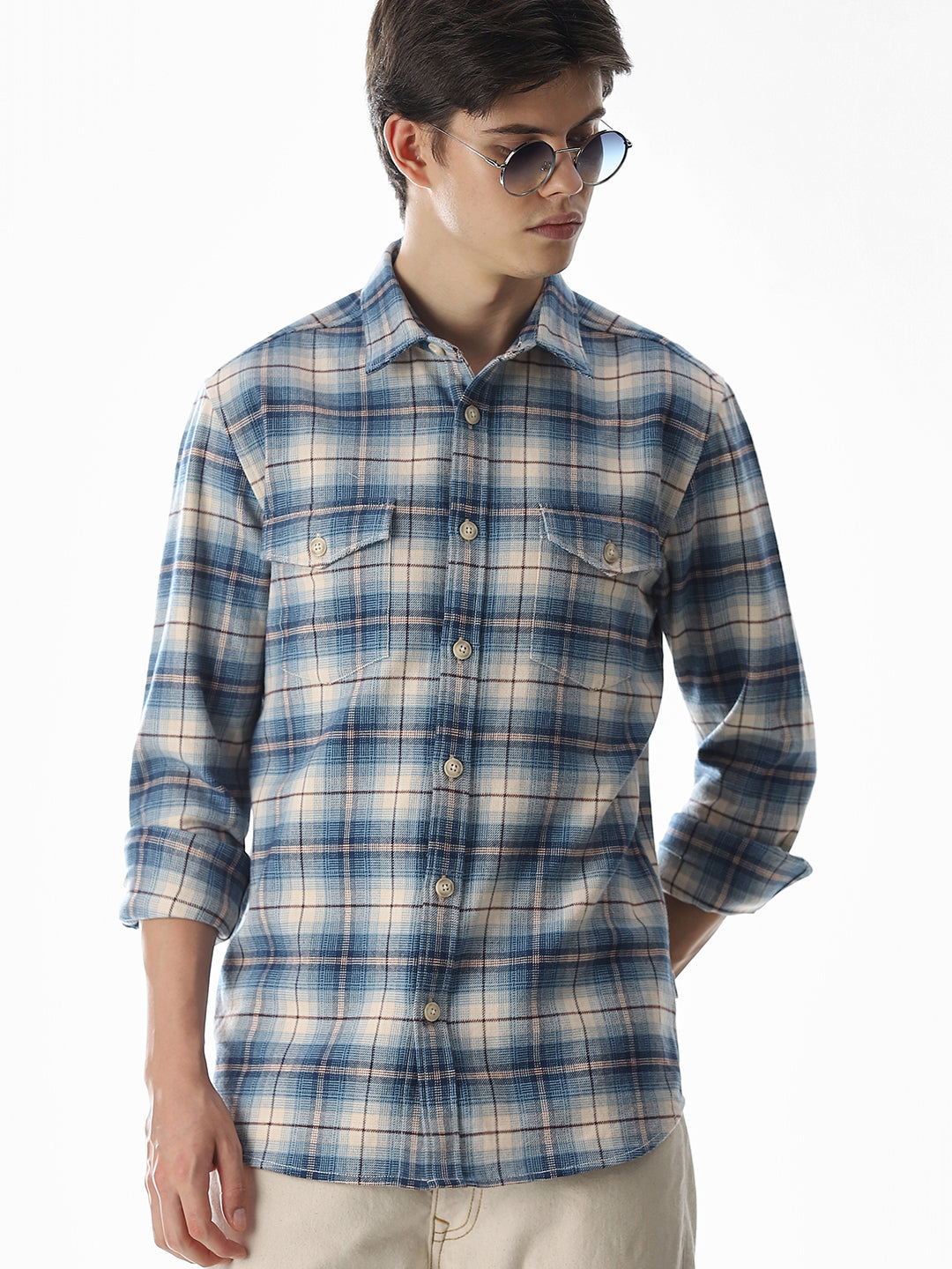 Check Cotton Shirt - Light Blue - L