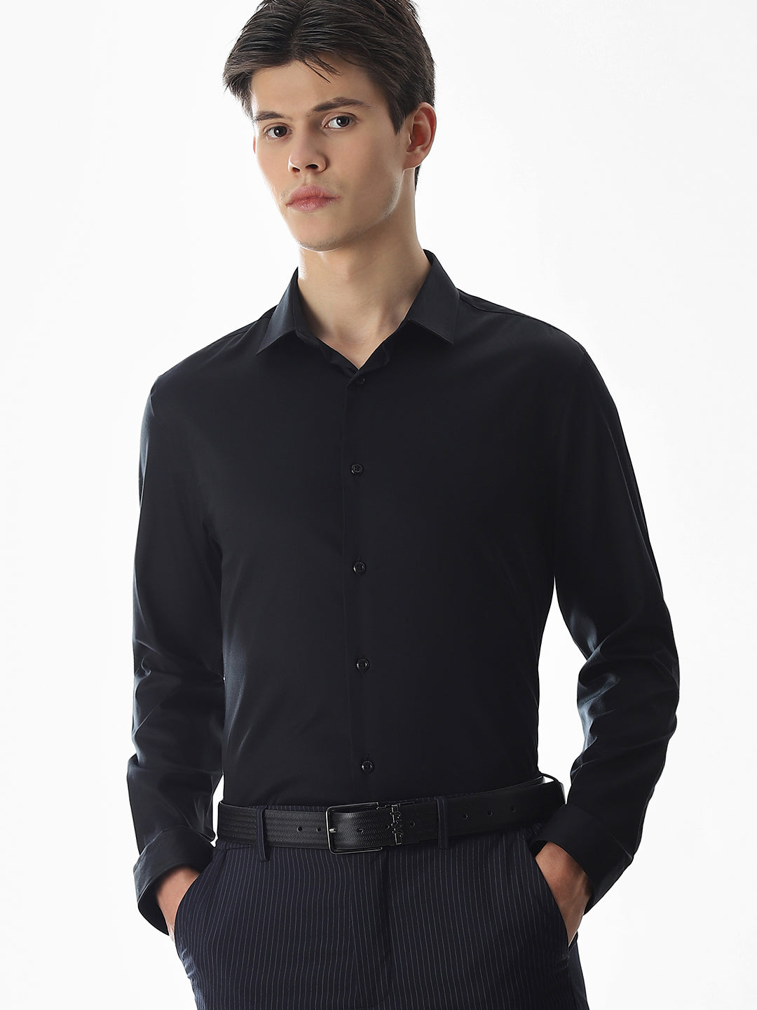 Stretch Slim Fit Full Sleeves Shirt - Black - M