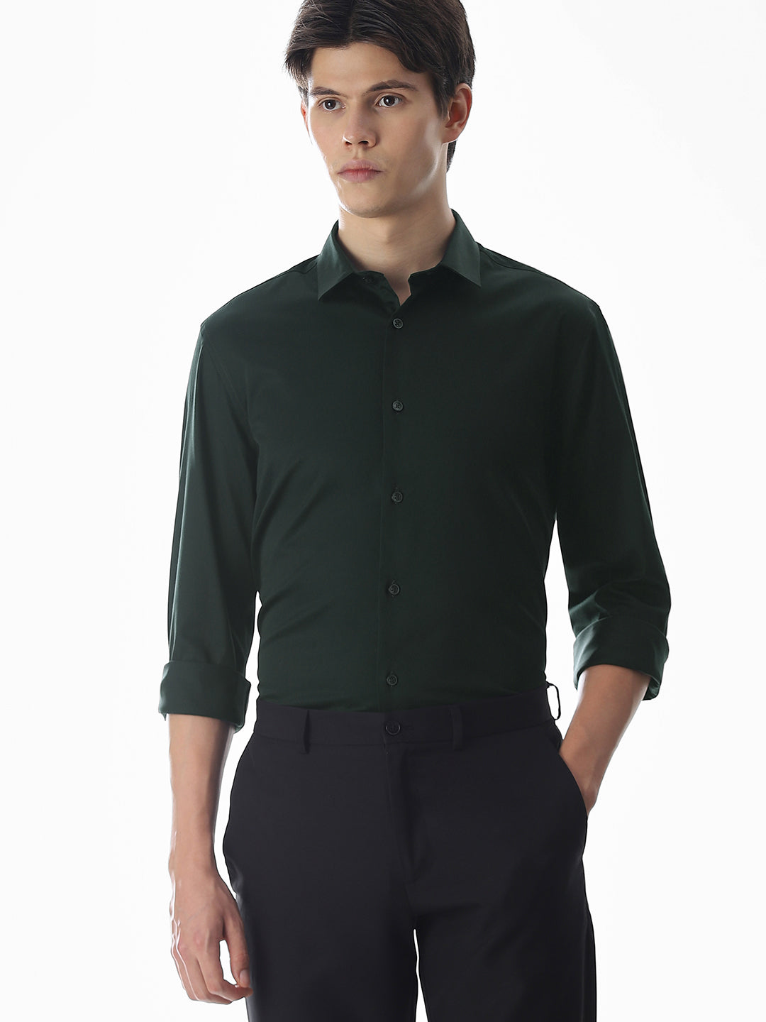 Stretch Slim Fit Full Sleeves Shirt - Green - XXL