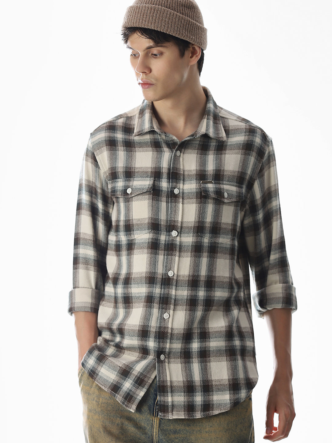 Beige Check Cotton Shirt
