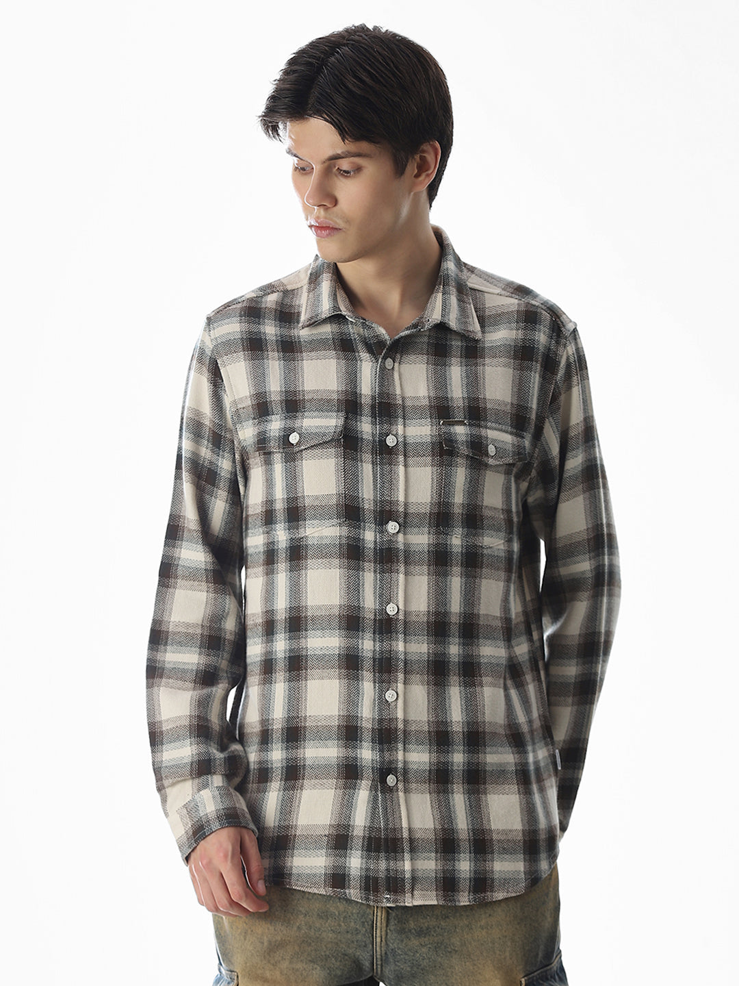 Beige Check Cotton Shirt