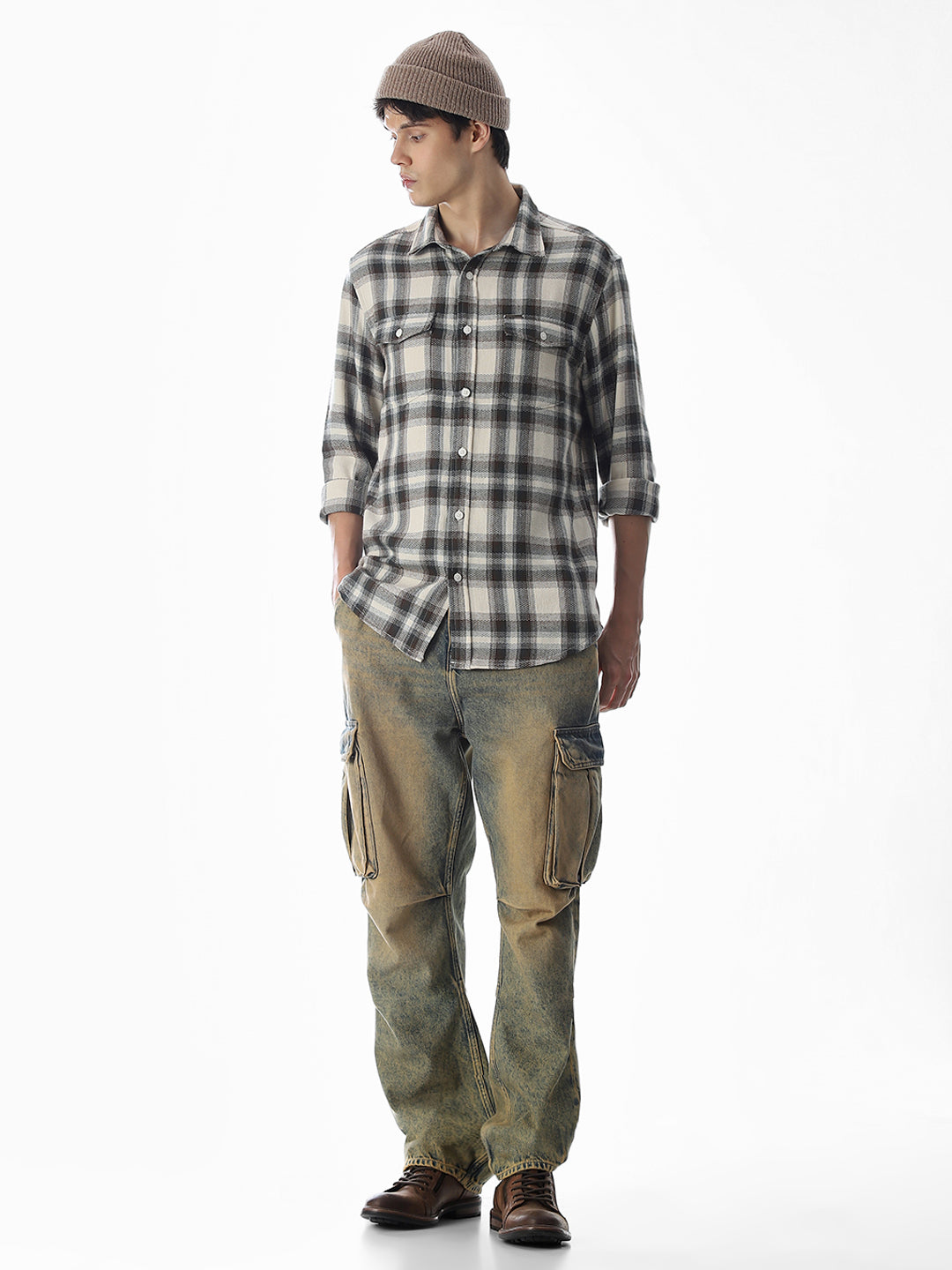 Beige Check Cotton Shirt