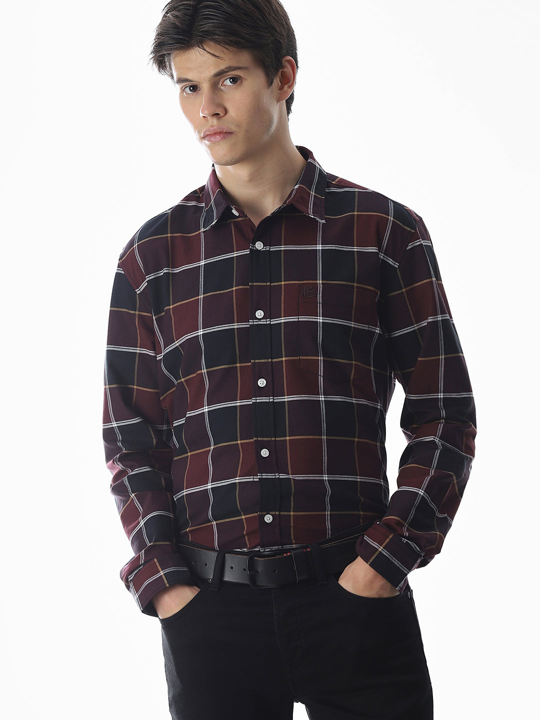 Check Cotton Shirt - Maroon - L