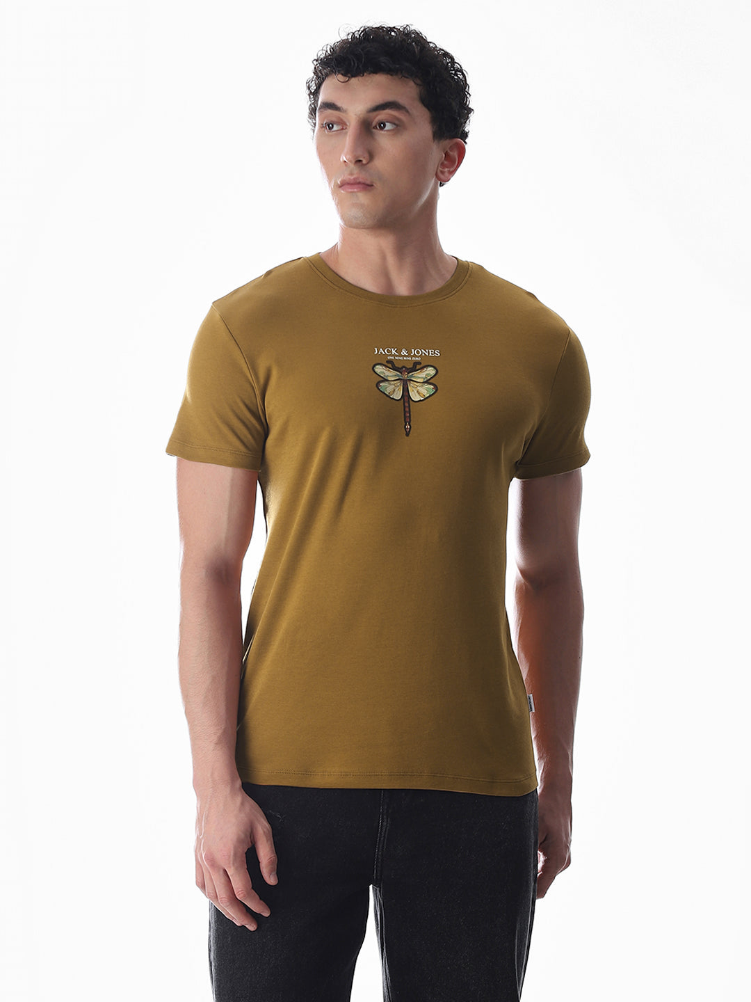 Dragonfly Print Cotton T-shirt -Brown