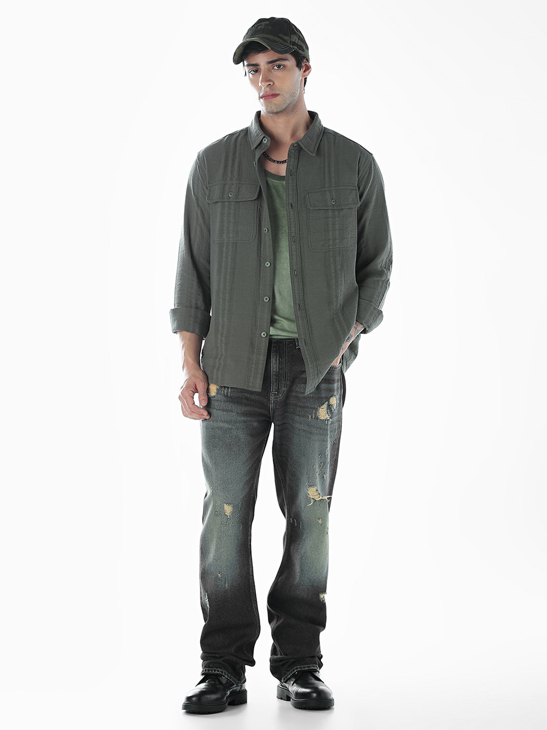 Dark Green Cotton Oversized Shirt