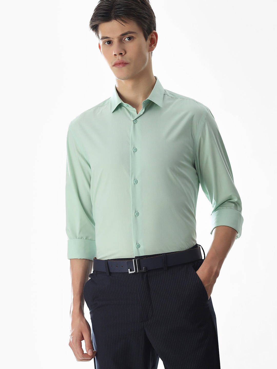 Stretch Slim Fit Full Sleeves Shirt - Light Green - S