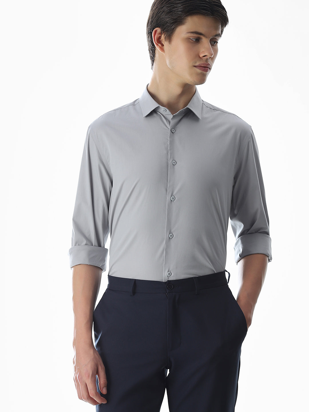 Stretch Slim Fit Full Sleeves Shirt - Light Grey - XL