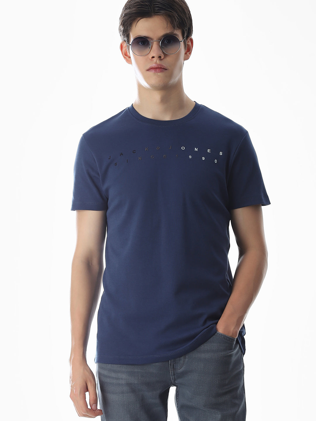 Embroidered Print T-Shirt - Blue - S