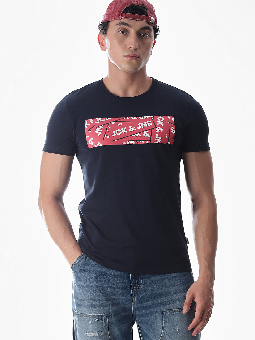 Chest Print Slim Fit T-shirt - Blue - XL