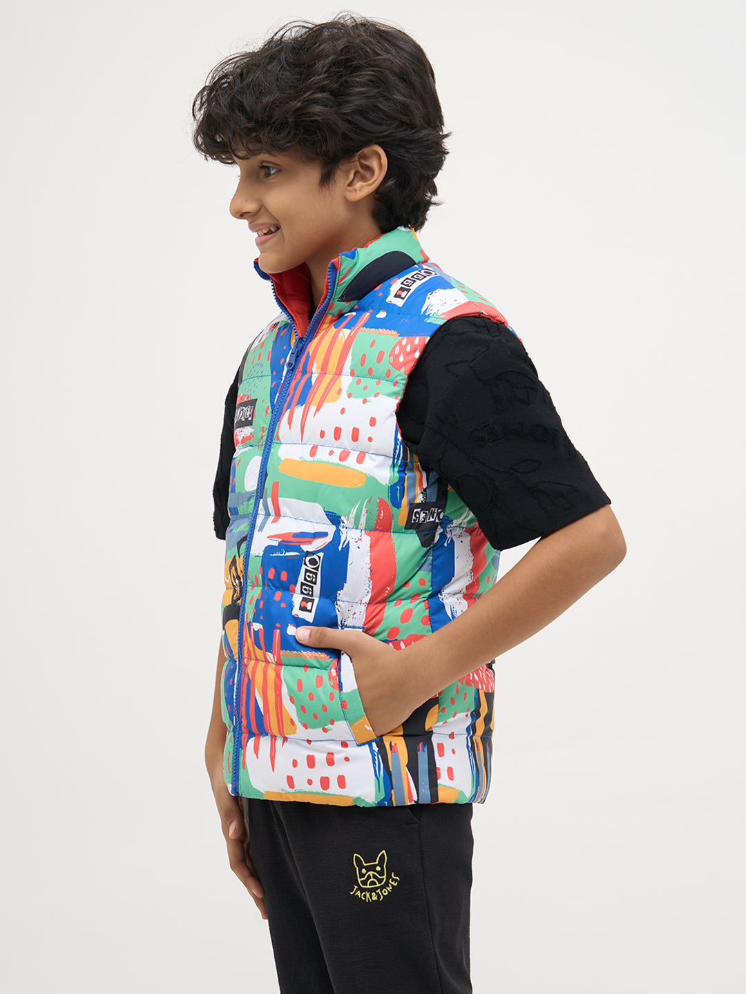 Boys Reversible Abstract Print Puffer Jacket With High Neck