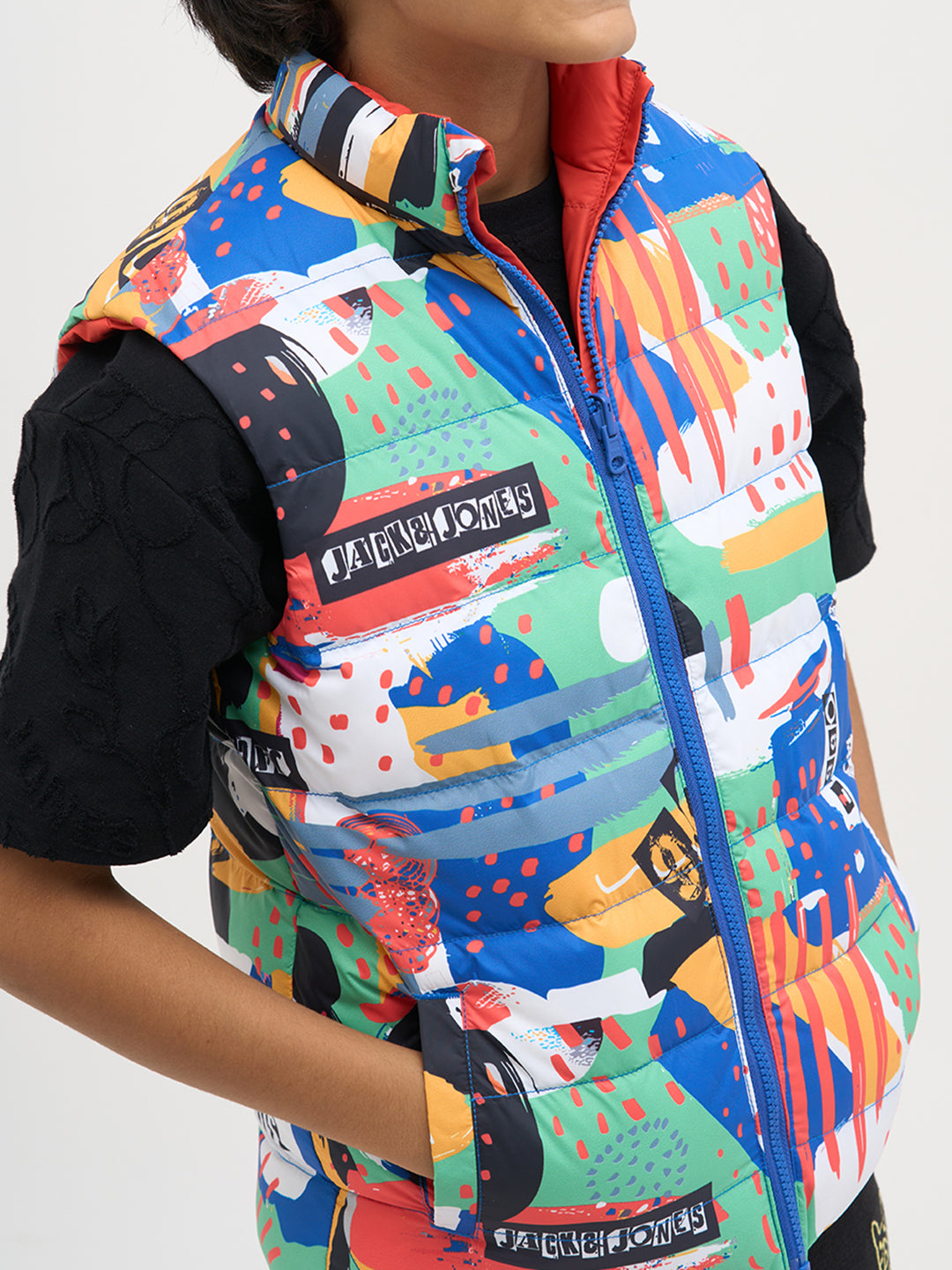 Boys Reversible Abstract Print Puffer Jacket With High Neck