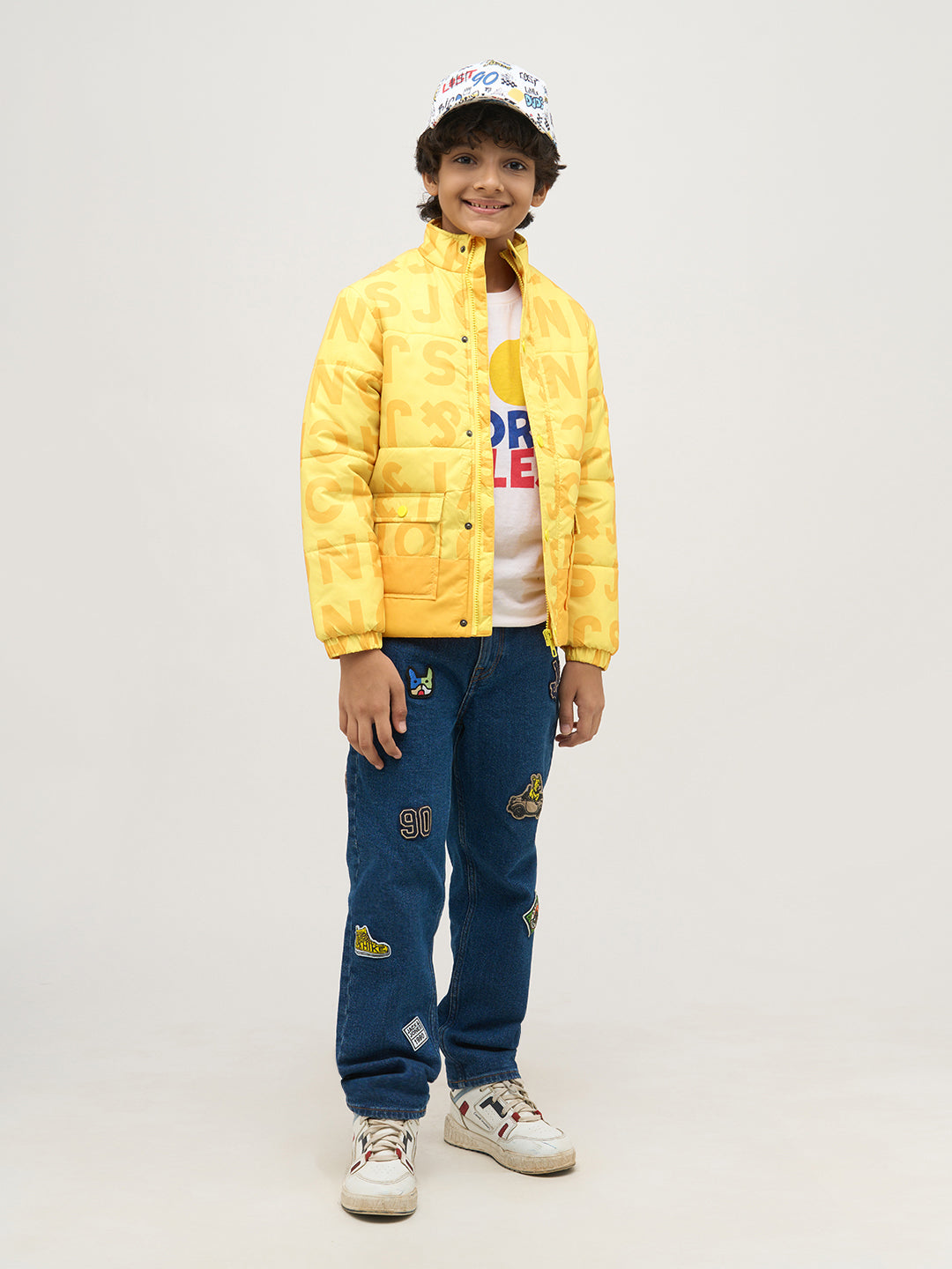 Boys Yellow Typography Puffer Jacket