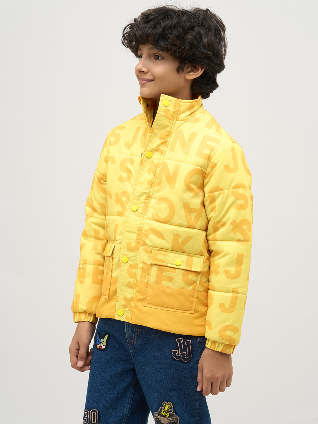 Boys Yellow Typography Puffer Jacket