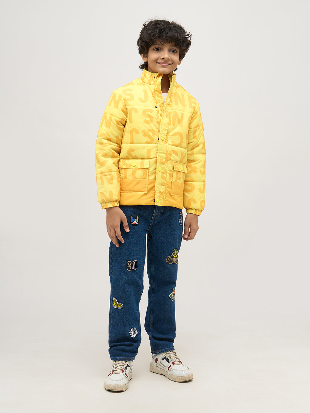 Boys Yellow Typography Puffer Jacket