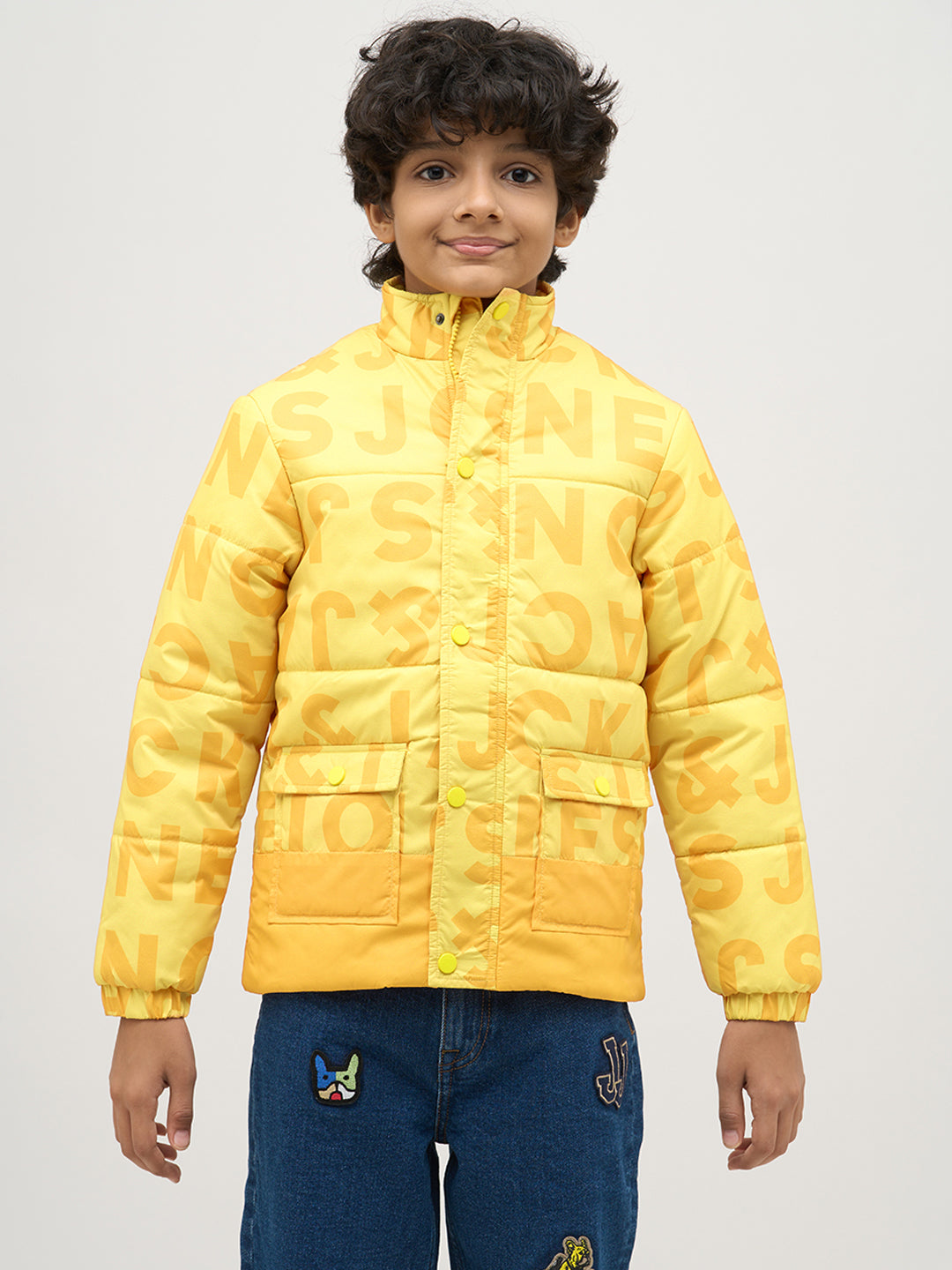Boys Yellow Typography Puffer Jacket