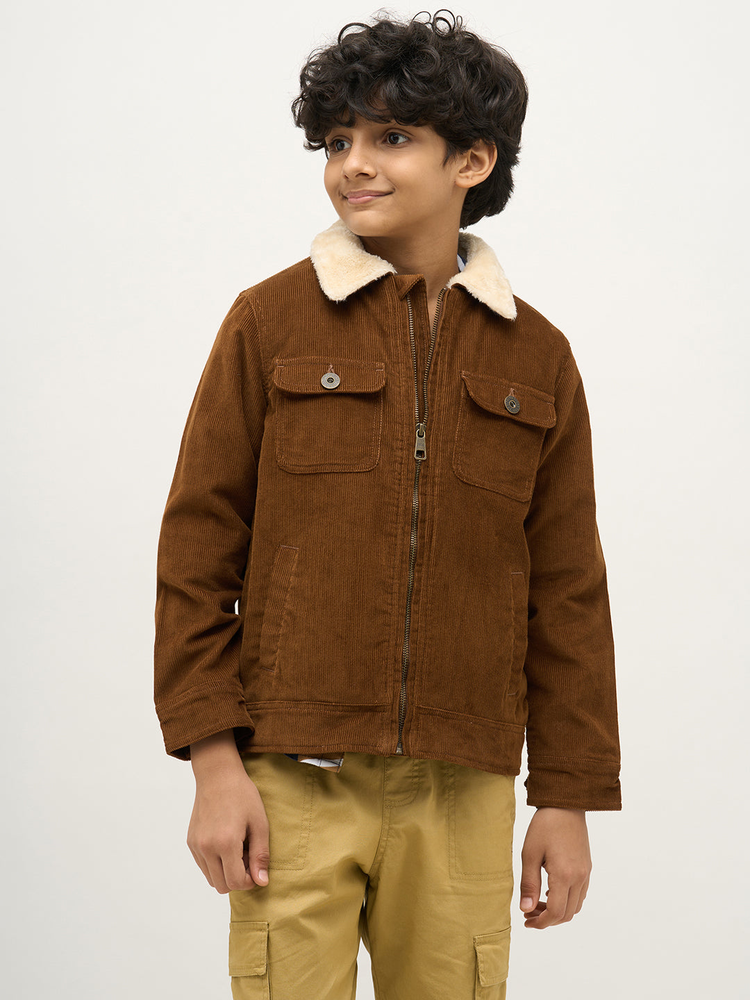 Boys Dark Brown Zip-Up Corduroy Jacket