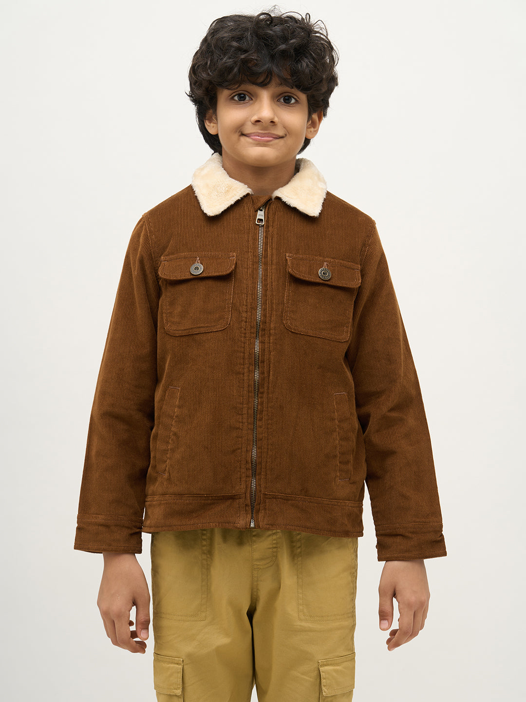 Boys Dark Brown Zip-Up Corduroy Jacket