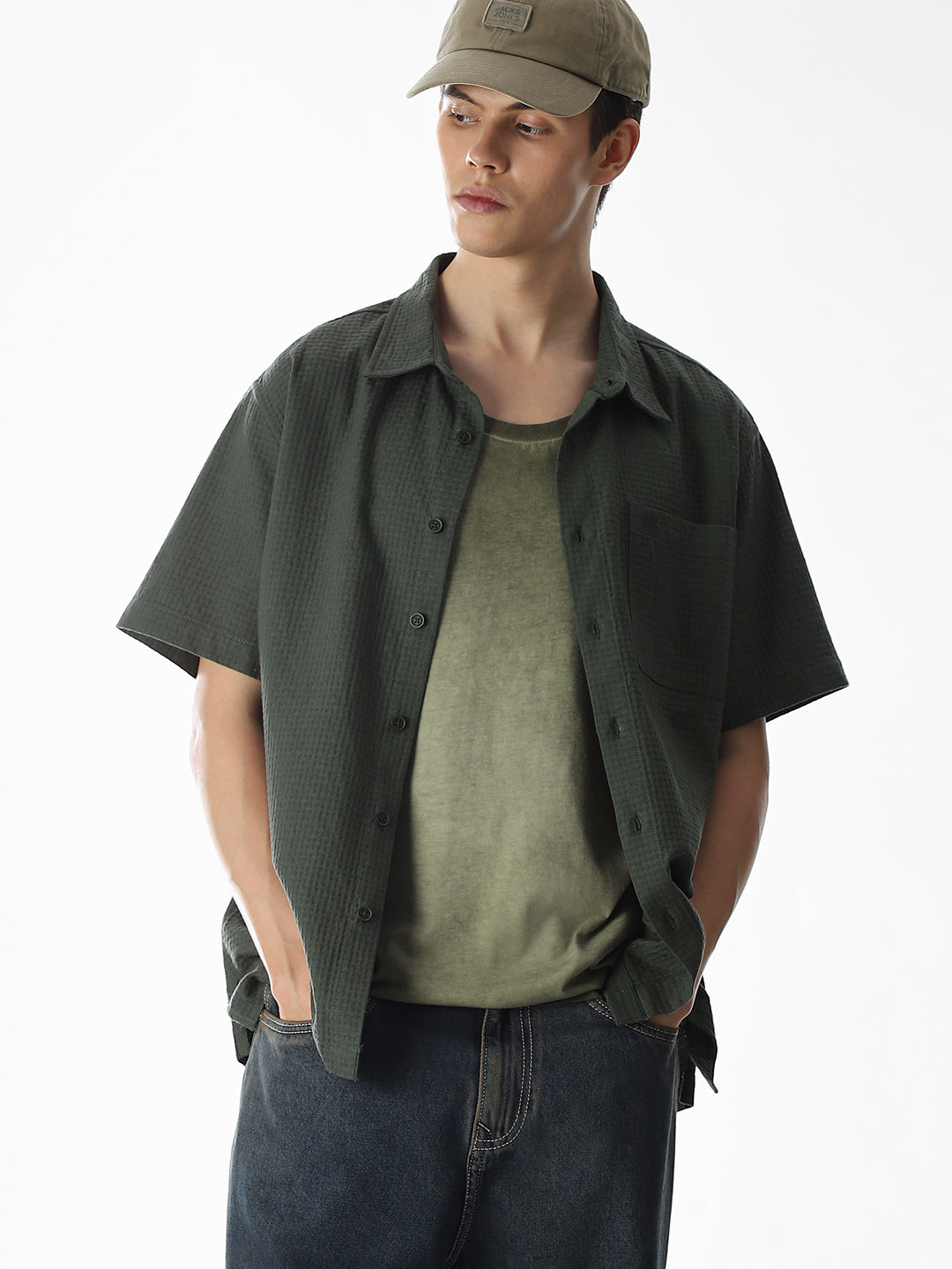 Dobby Olive Green Oversized Shirt - XL