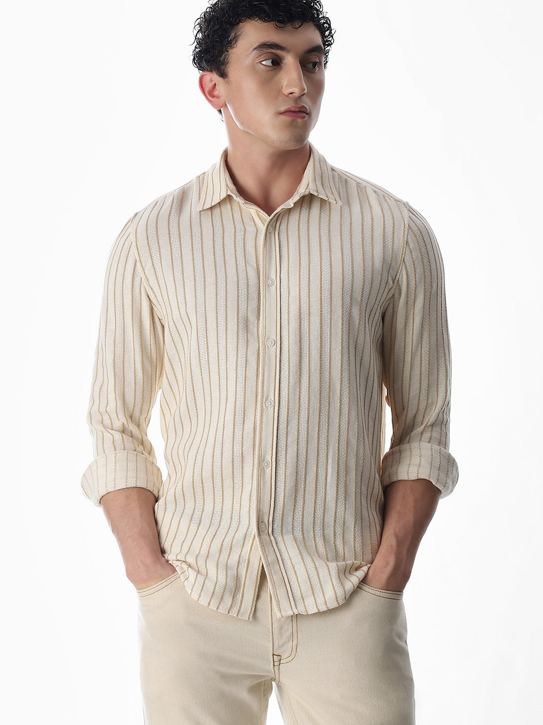 Beige Cotton Striped Shirt - XL