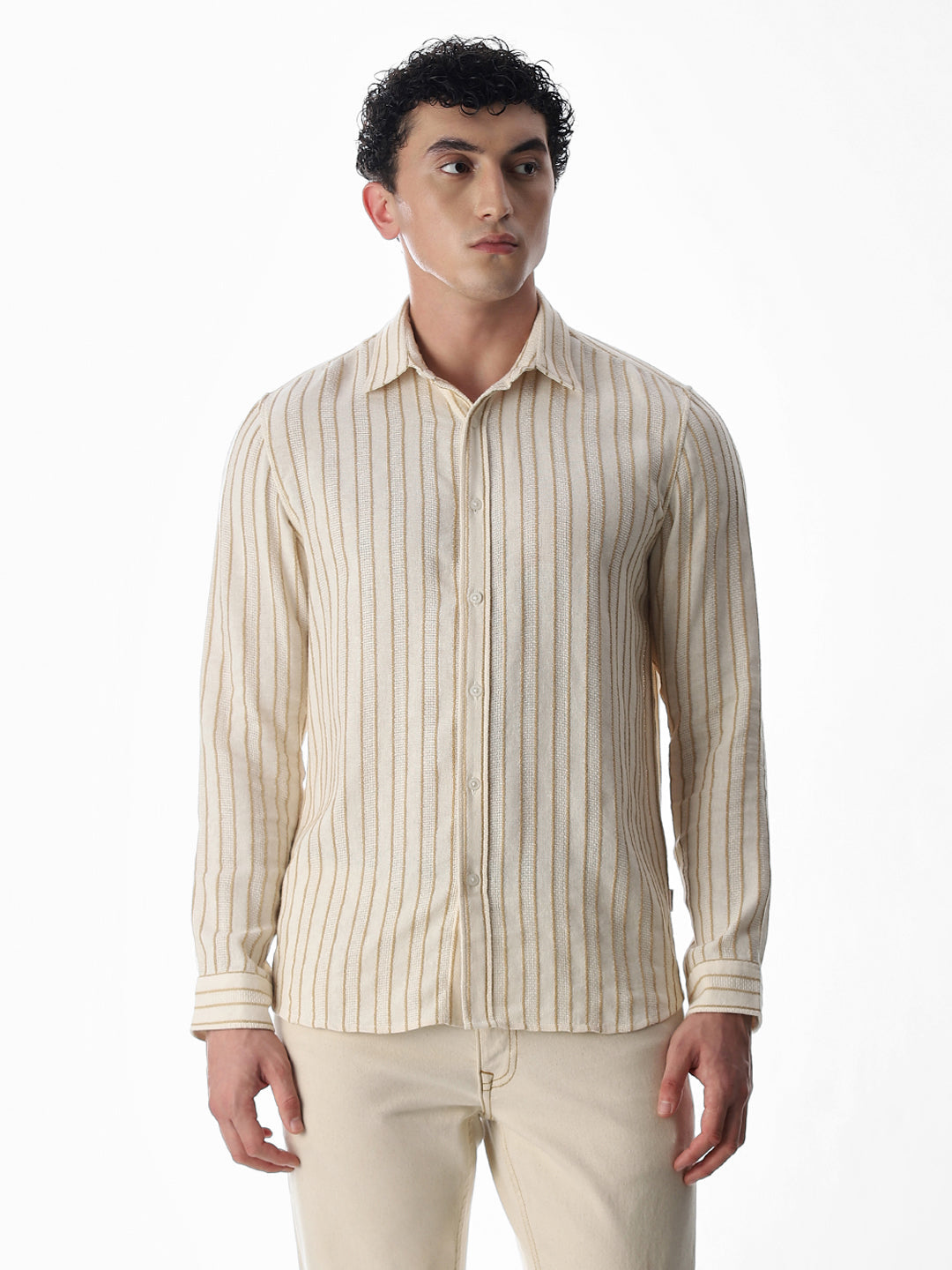 Beige Cotton Striped Shirt
