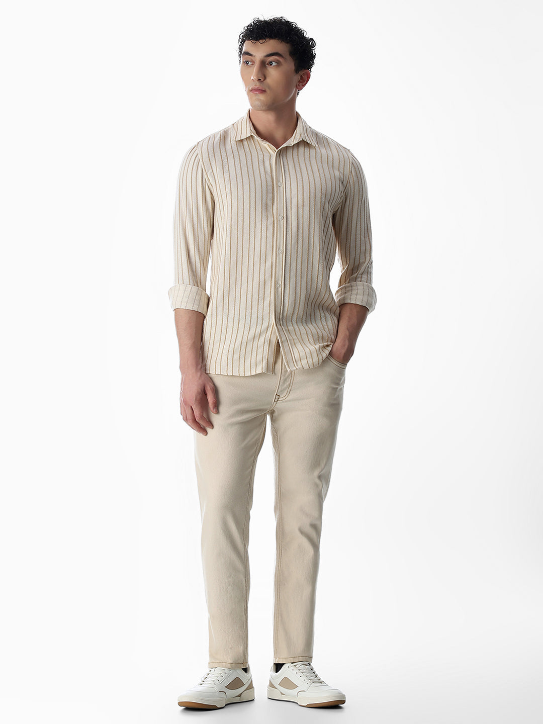 Beige Cotton Striped Shirt
