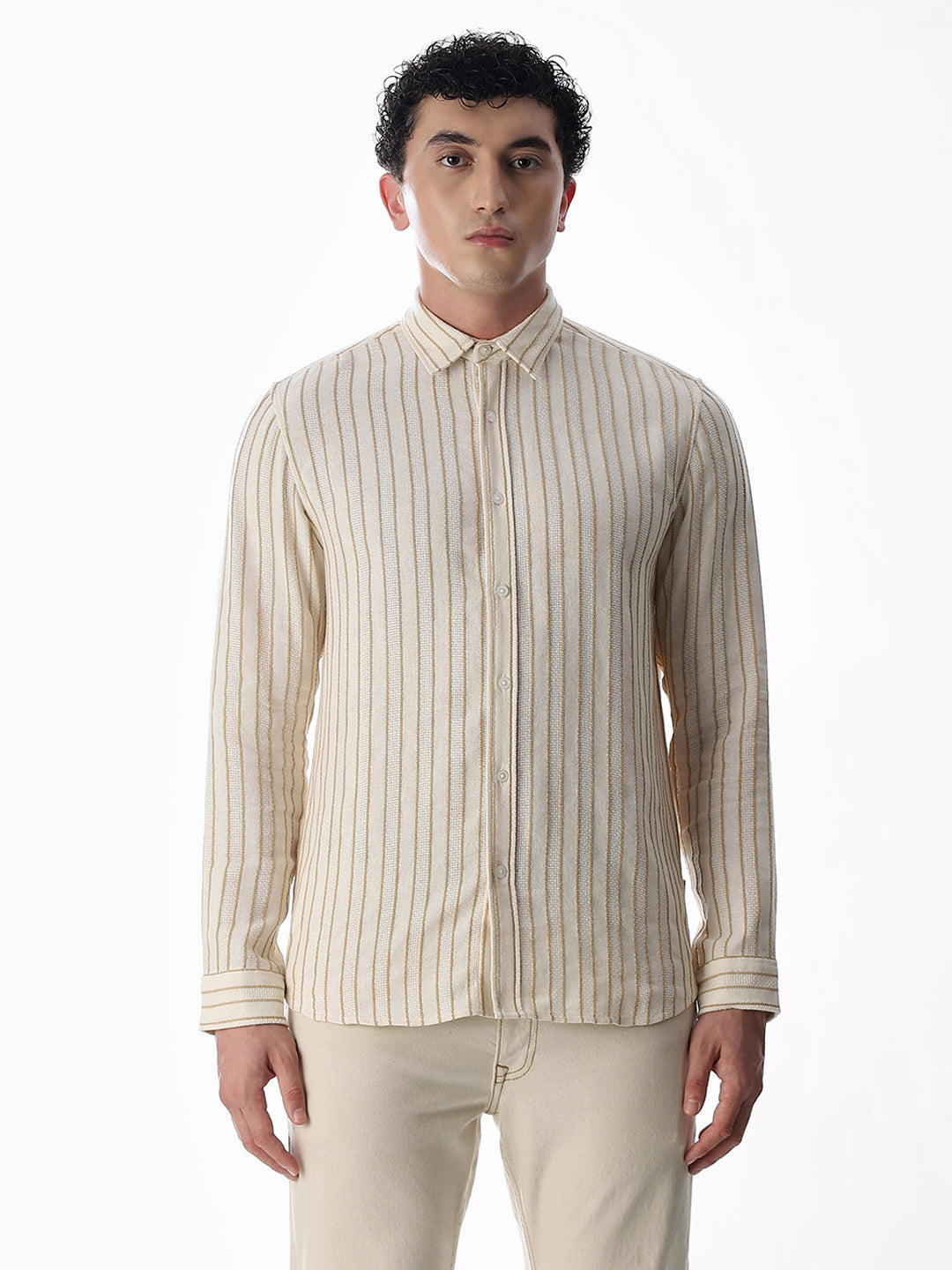Beige Cotton Striped Shirt