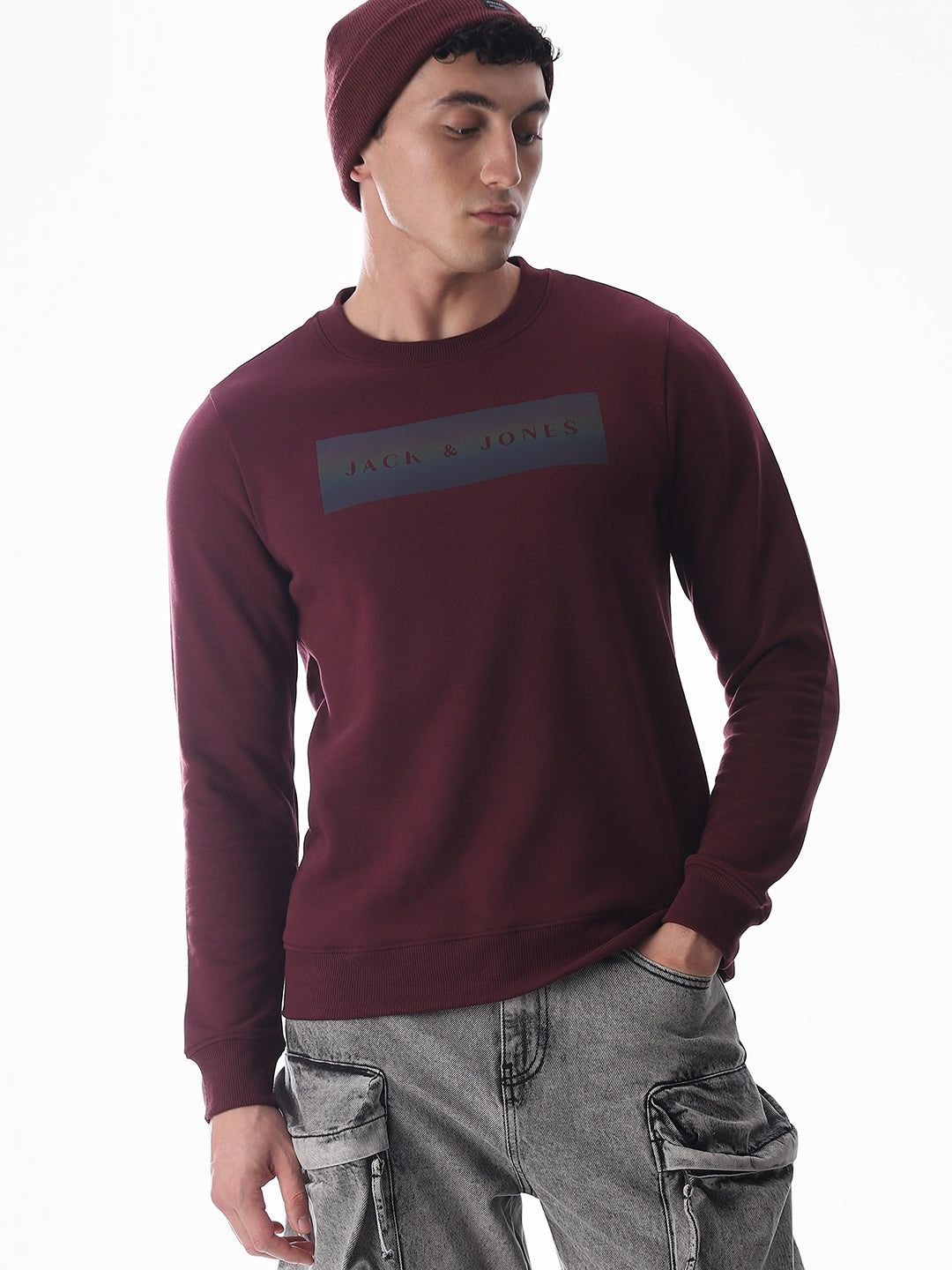 Wine Printed Regular Fit Sweatshirt